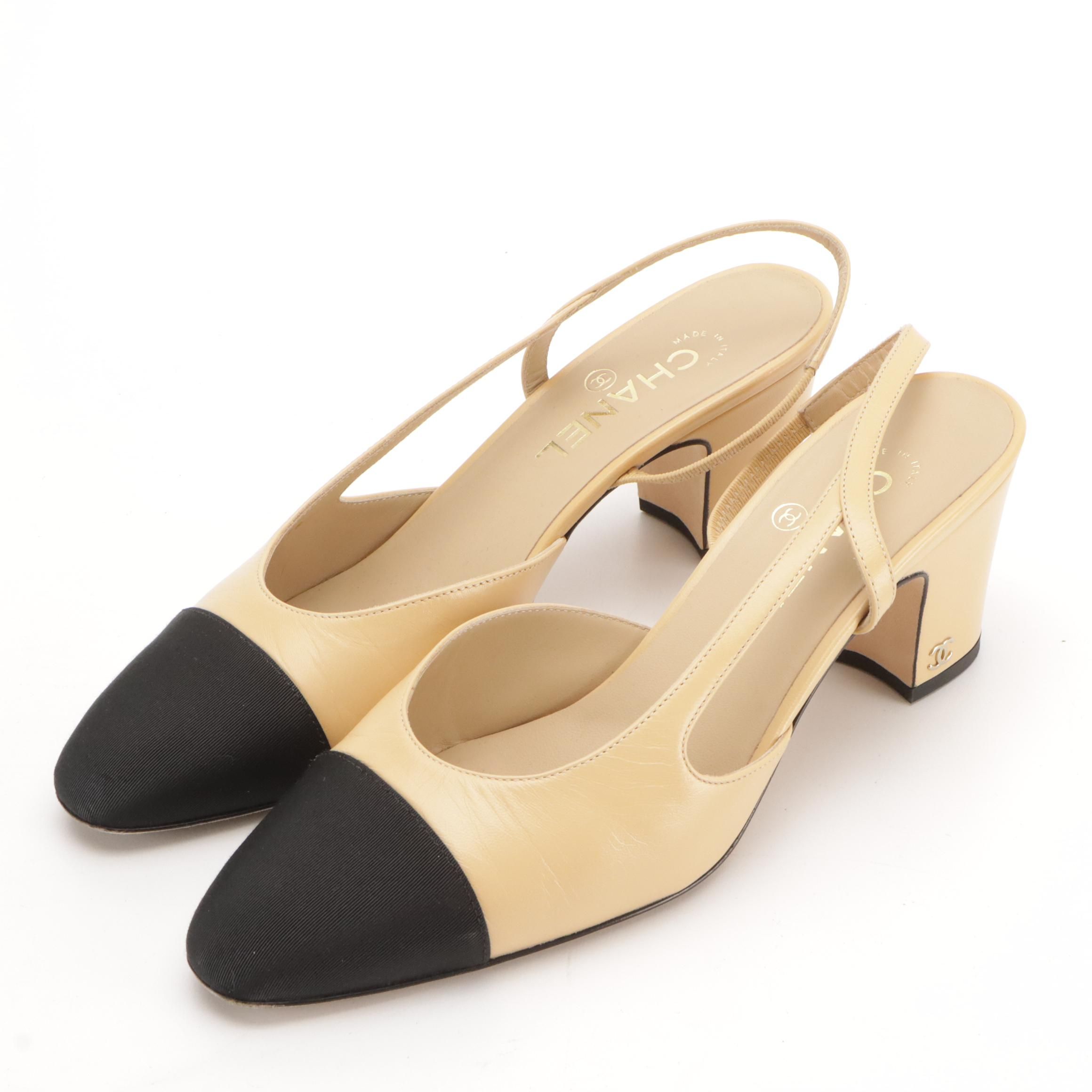 Chanel Two-Tone Slingback Pumps in Goatskin and Grosgrain with Box