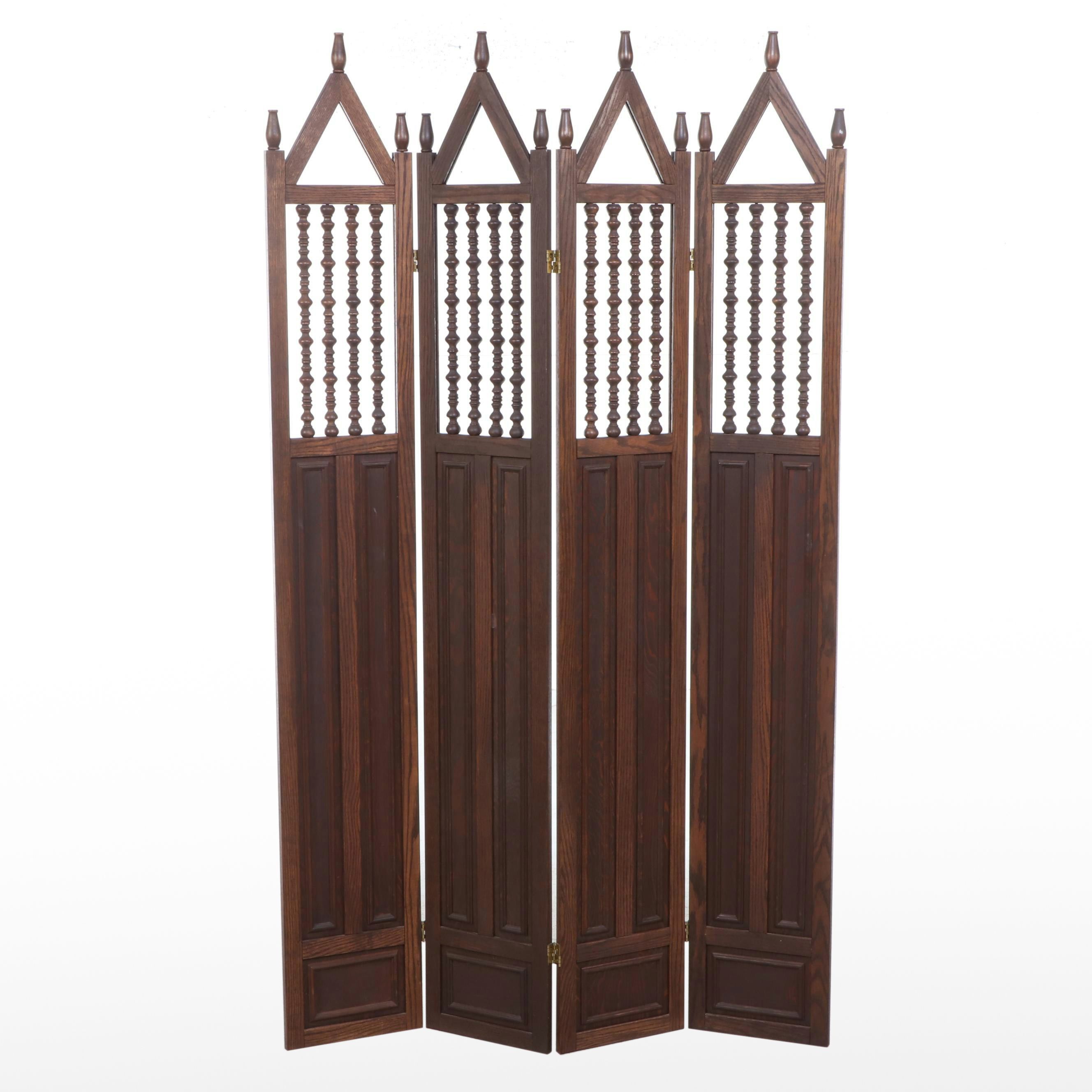 Victorian Gothic Revival Style Four-Panel Walnut Screen