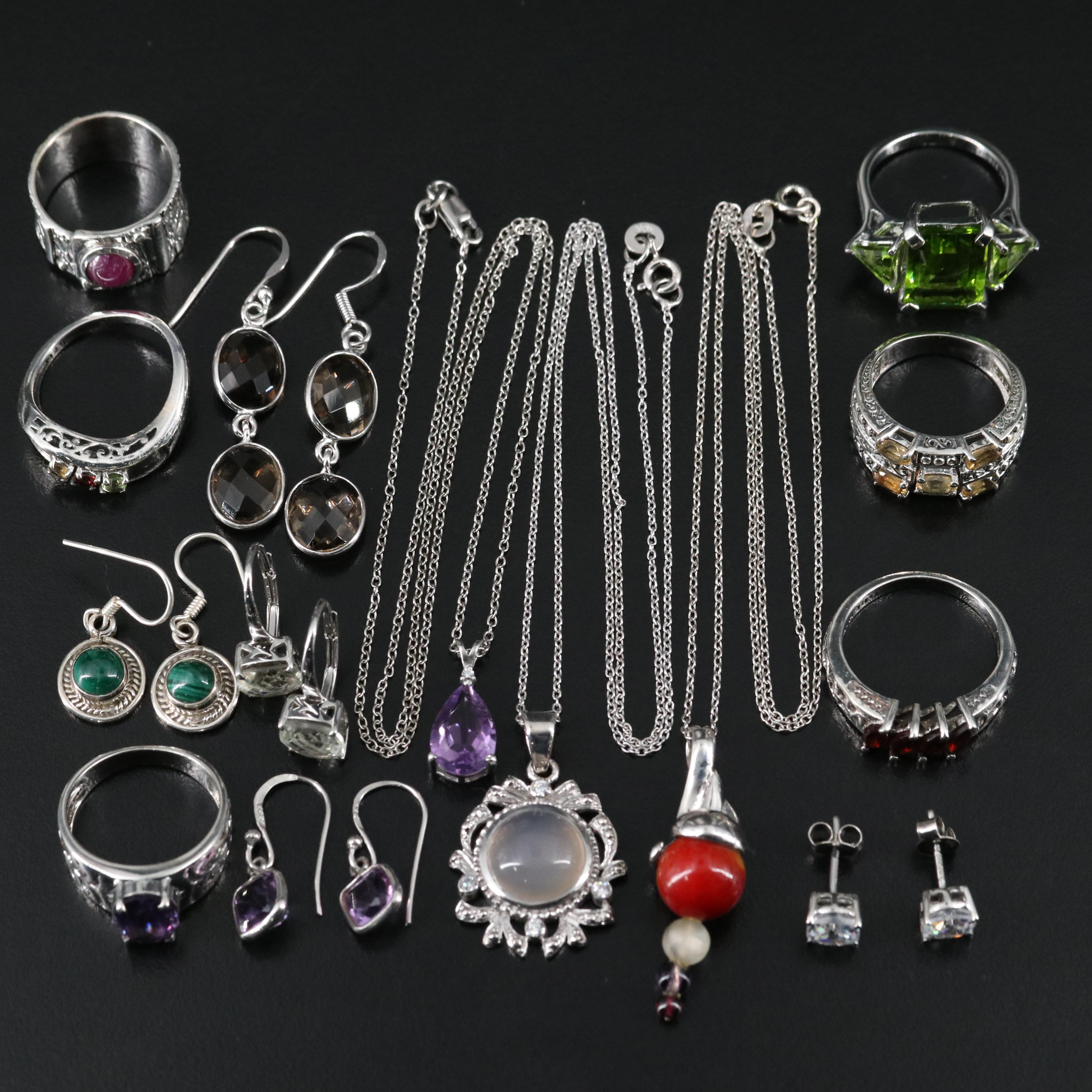 14 Assorted Sterling Silver Rings, Necklaces, and Earrings
