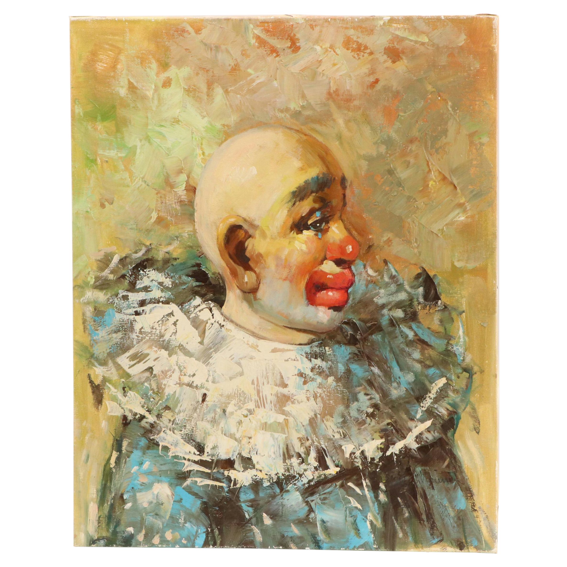 William Moninet Oil Portrait of Clown, Late 20th Century