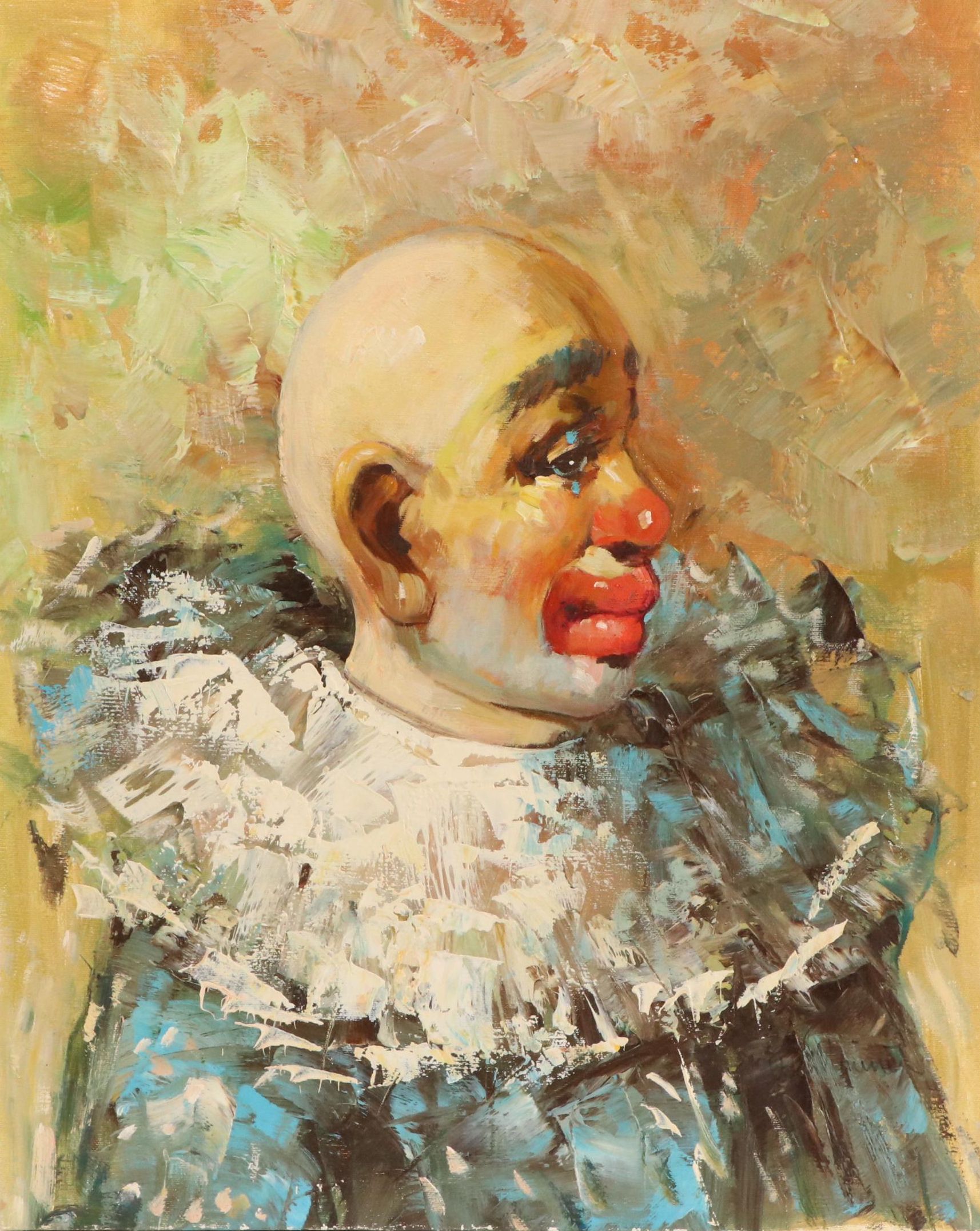 William Moninet Oil Portrait of Clown, Late 20th Century