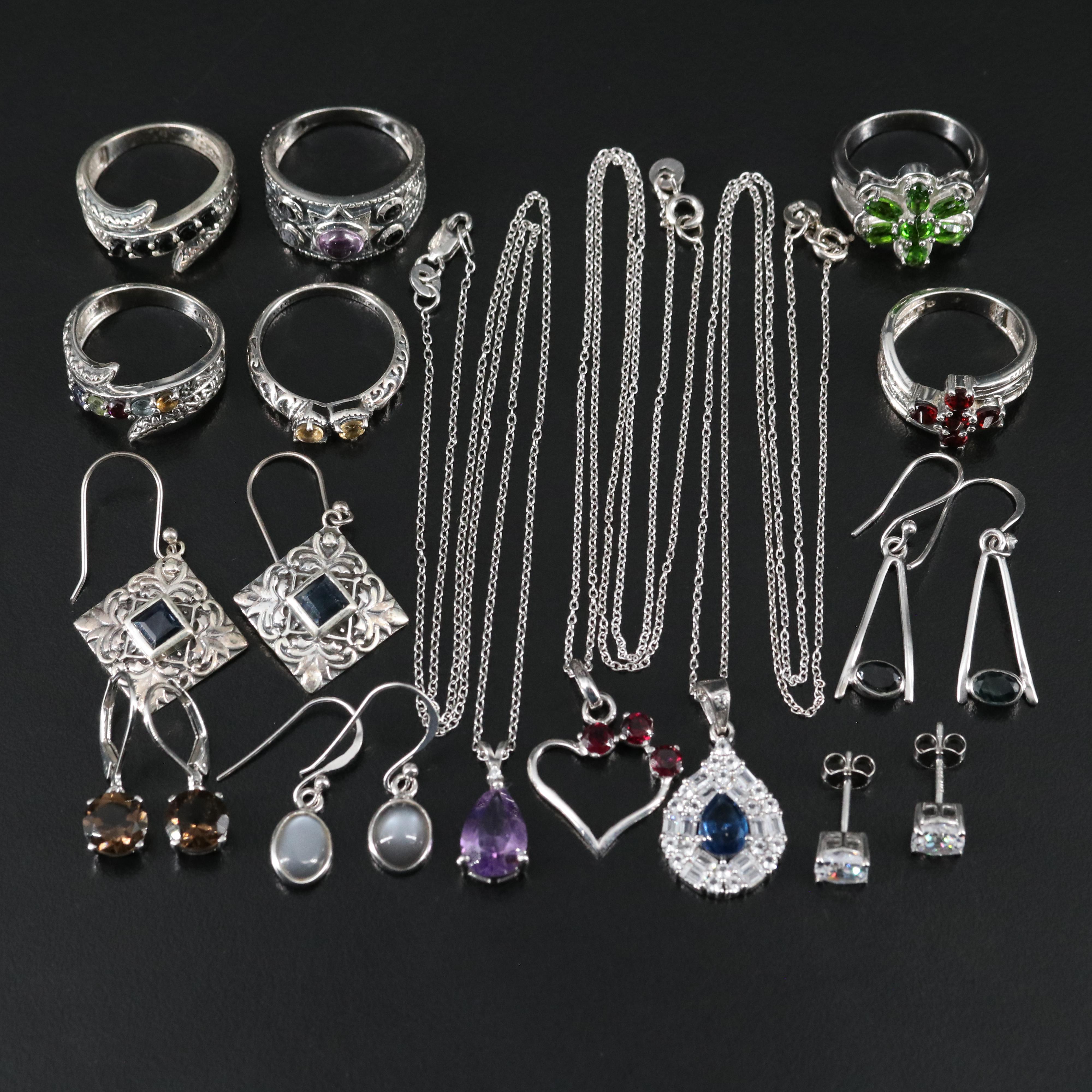 14 Assorted Sterling Silver Rings, Necklaces, and Earrings