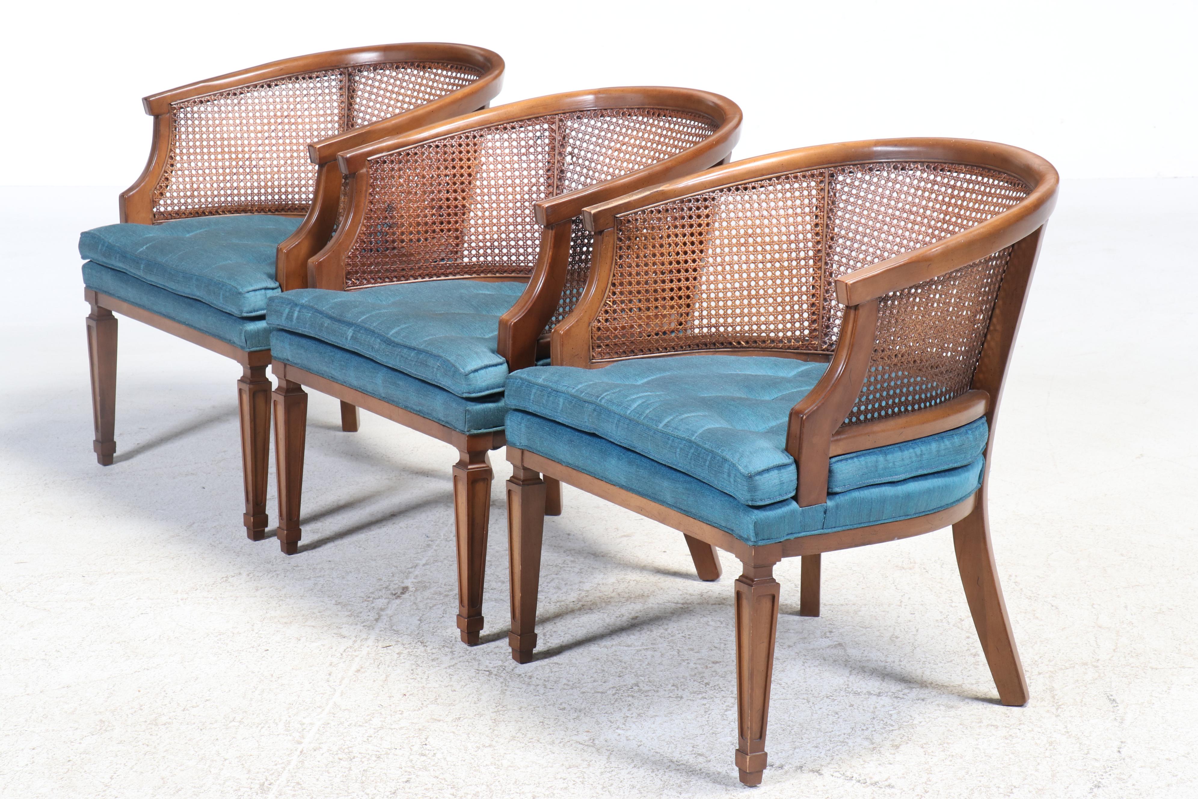 Mid-Century Cane-Back Barrel Chairs with Button-Tufted Seat Cushions