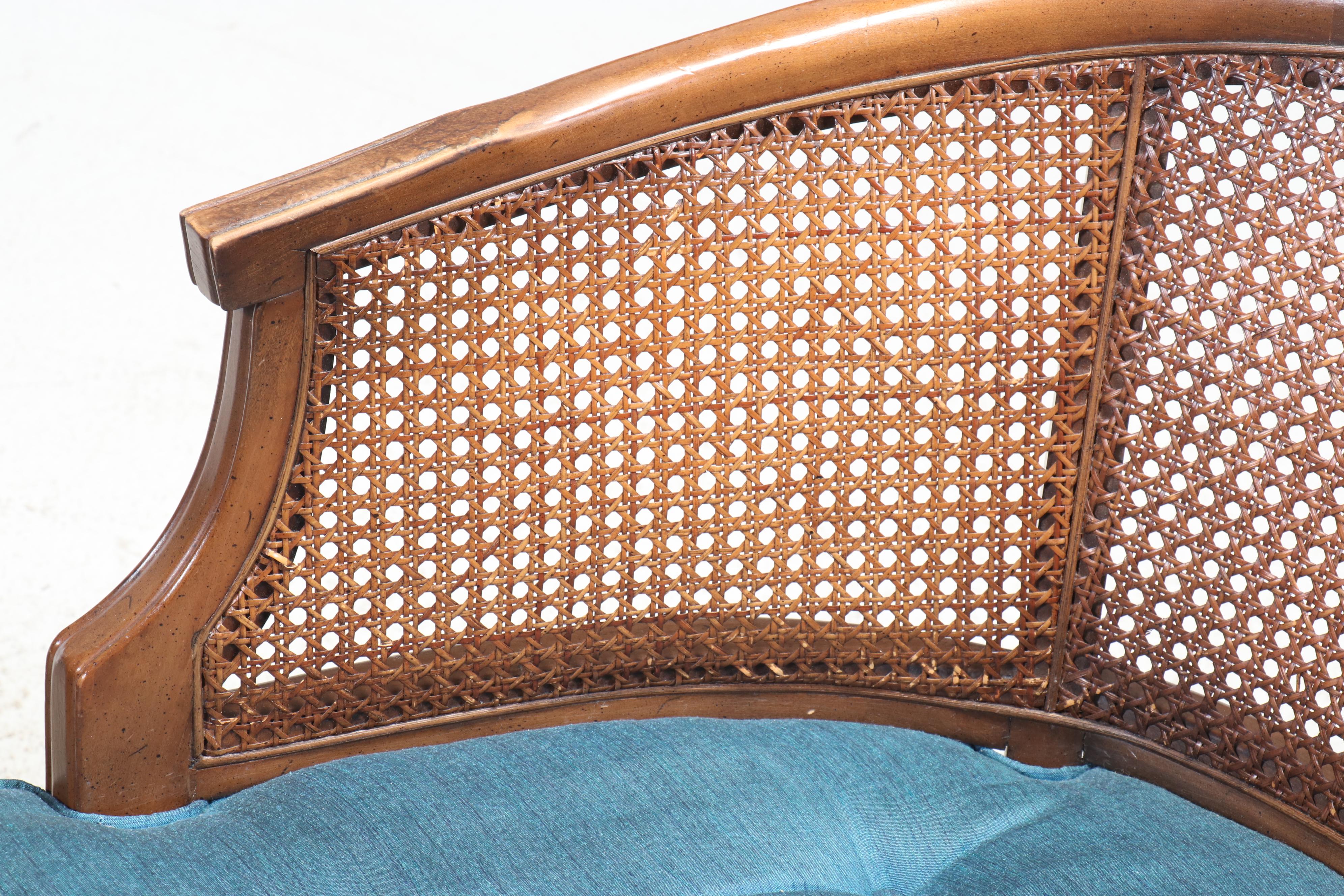 Mid-Century Cane-Back Barrel Chairs with Button-Tufted Seat Cushions