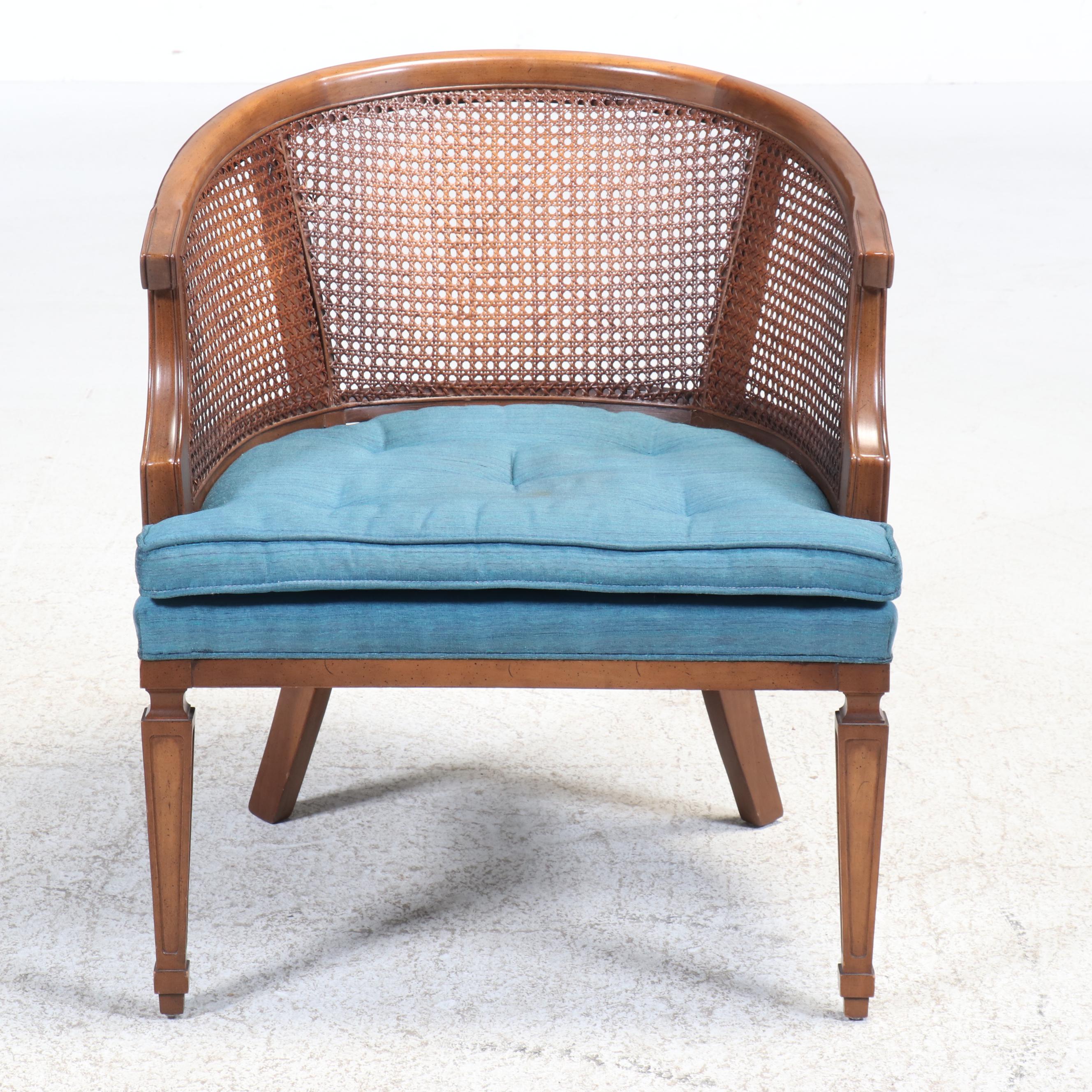 Mid-Century Cane-Back Barrel Chairs with Button-Tufted Seat Cushions