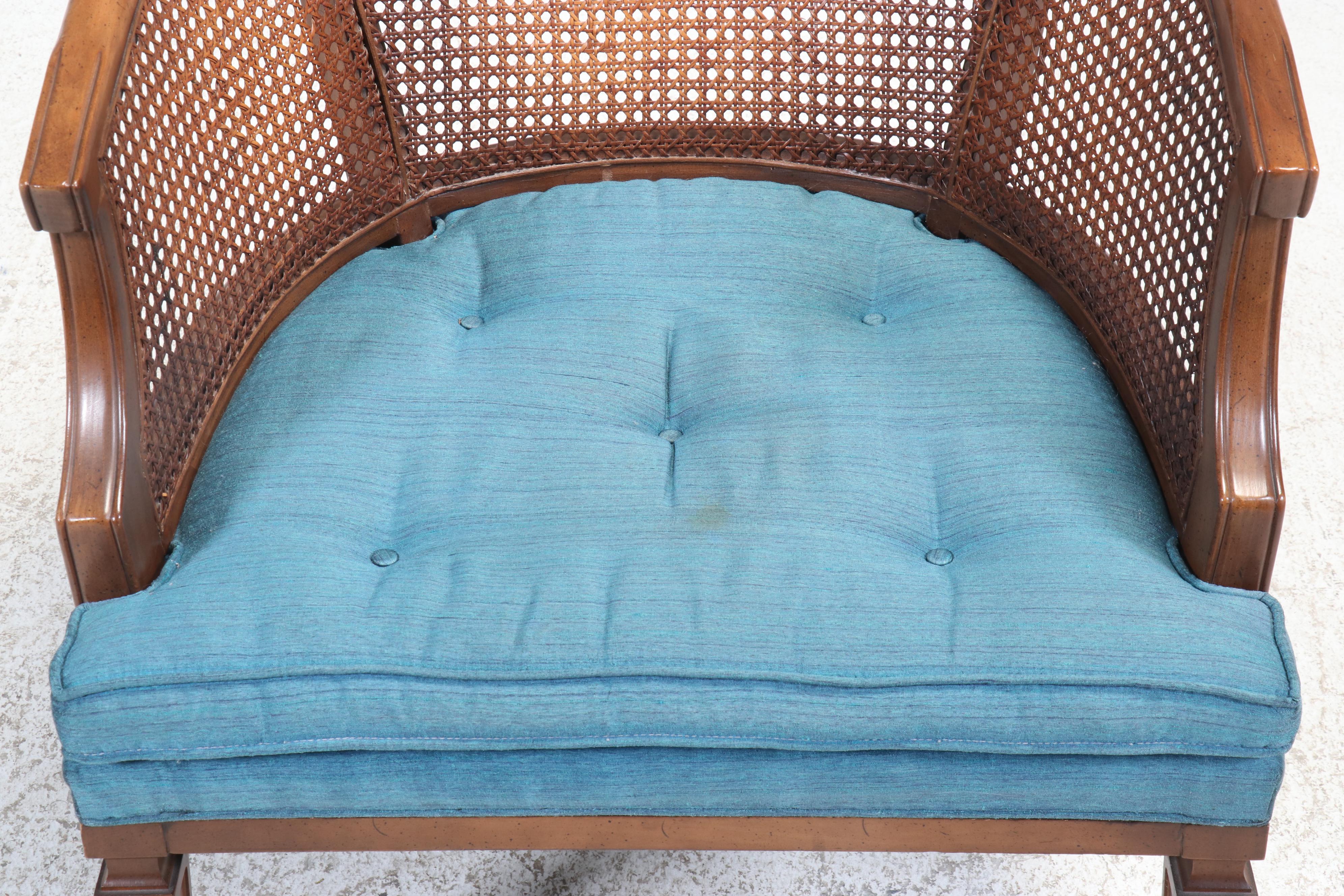 Mid-Century Cane-Back Barrel Chairs with Button-Tufted Seat Cushions