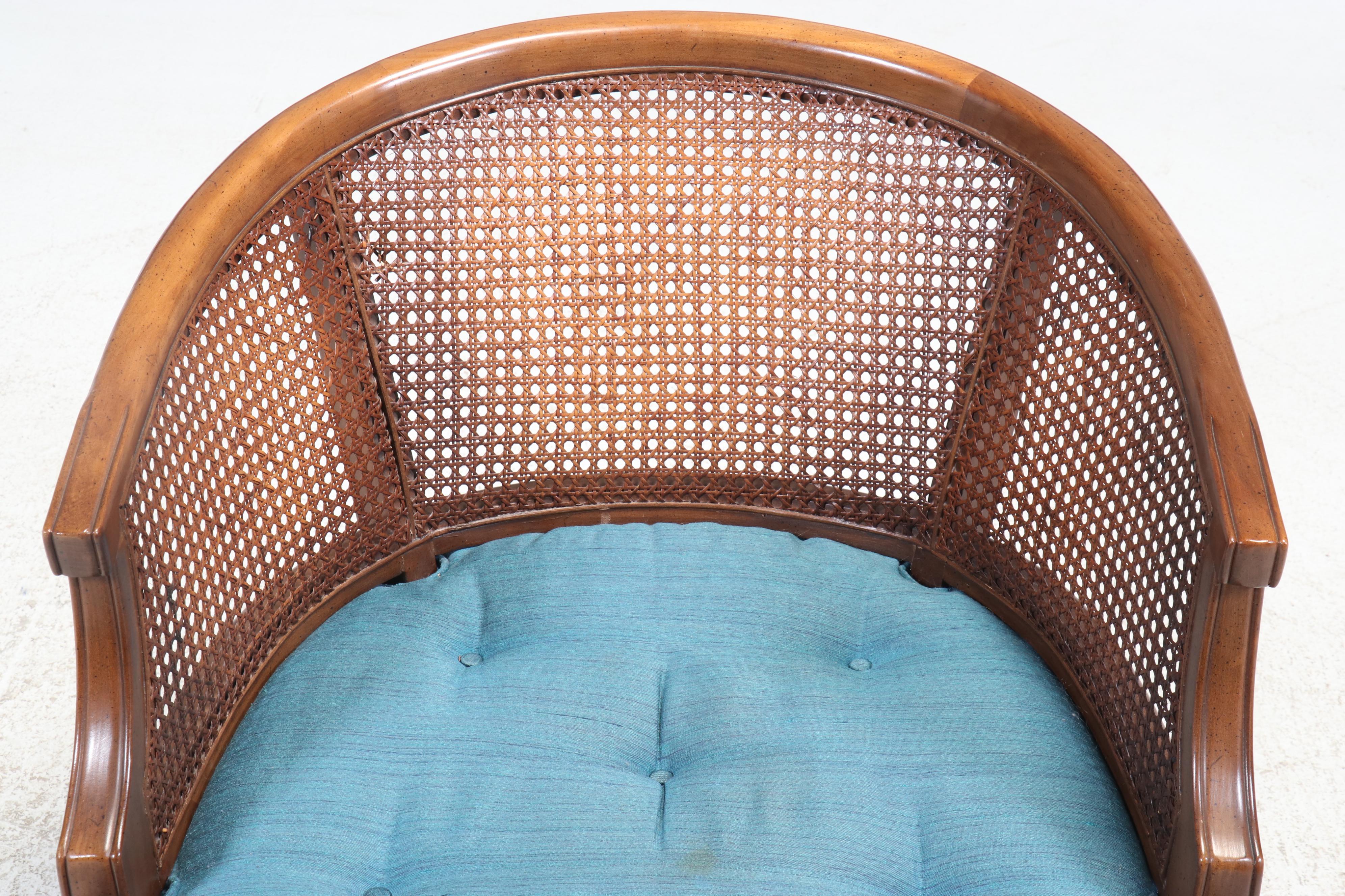 Mid-Century Cane-Back Barrel Chairs with Button-Tufted Seat Cushions