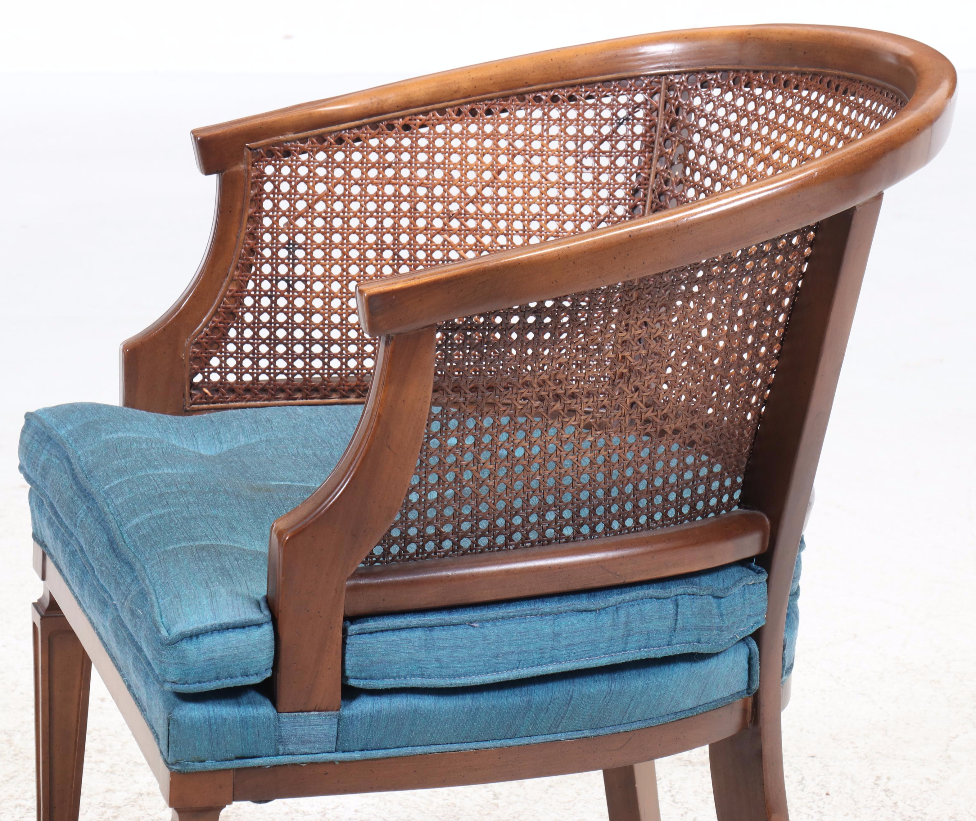 Mid-Century Cane-Back Barrel Chairs with Button-Tufted Seat Cushions