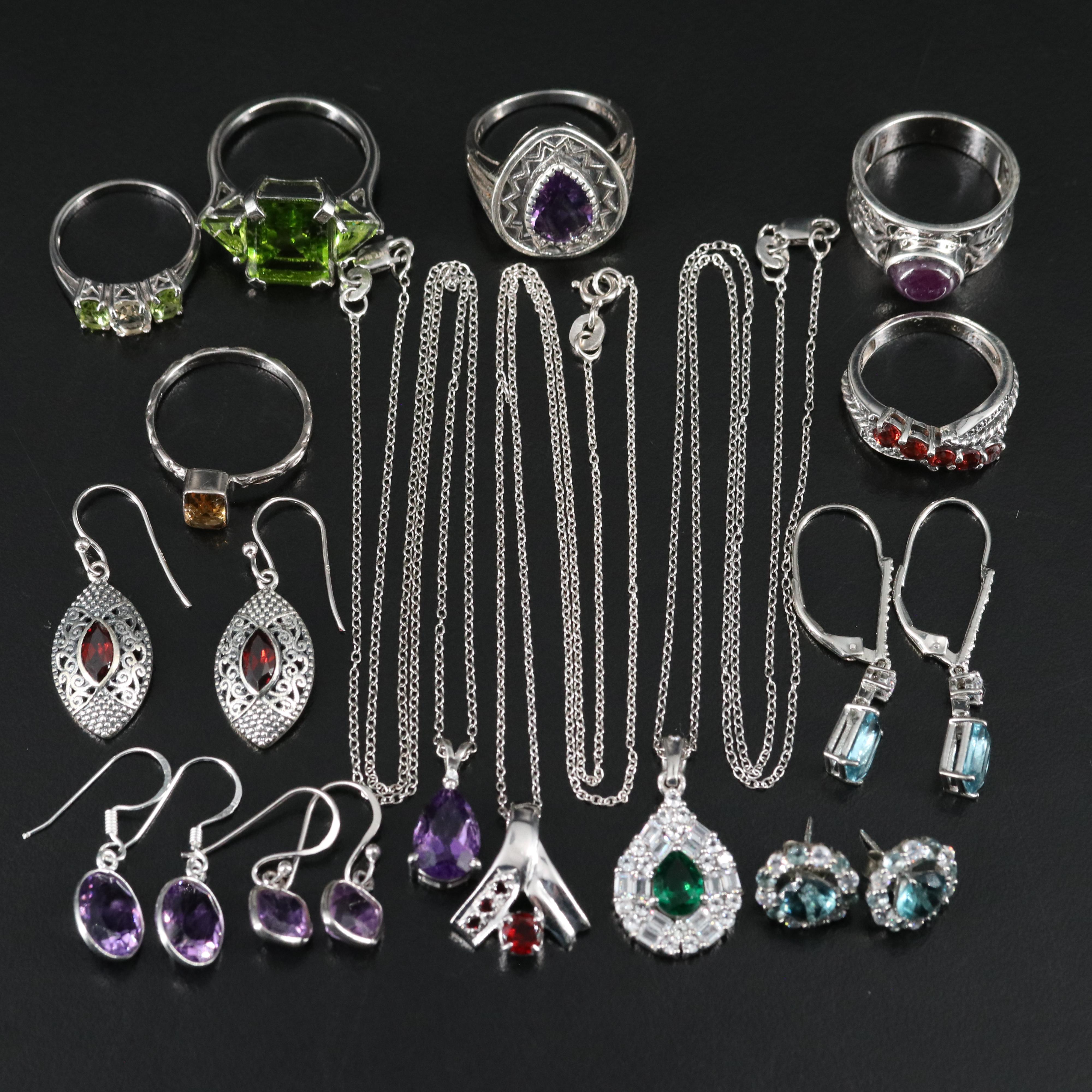 14 Assorted Sterling Silver Rings, Necklaces, and Earrings