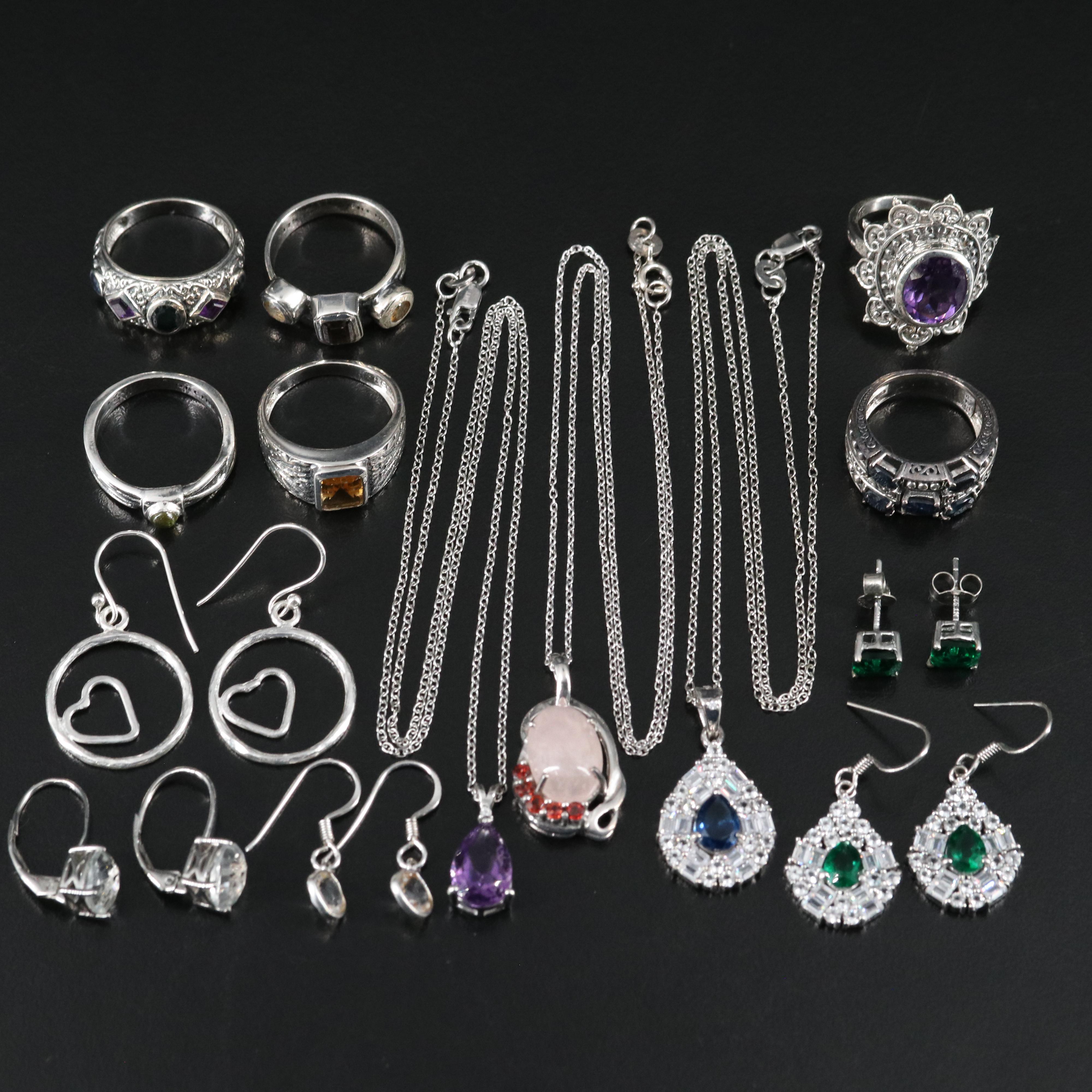 14 Assorted Sterling Silver Rings, Necklaces, and Earrings