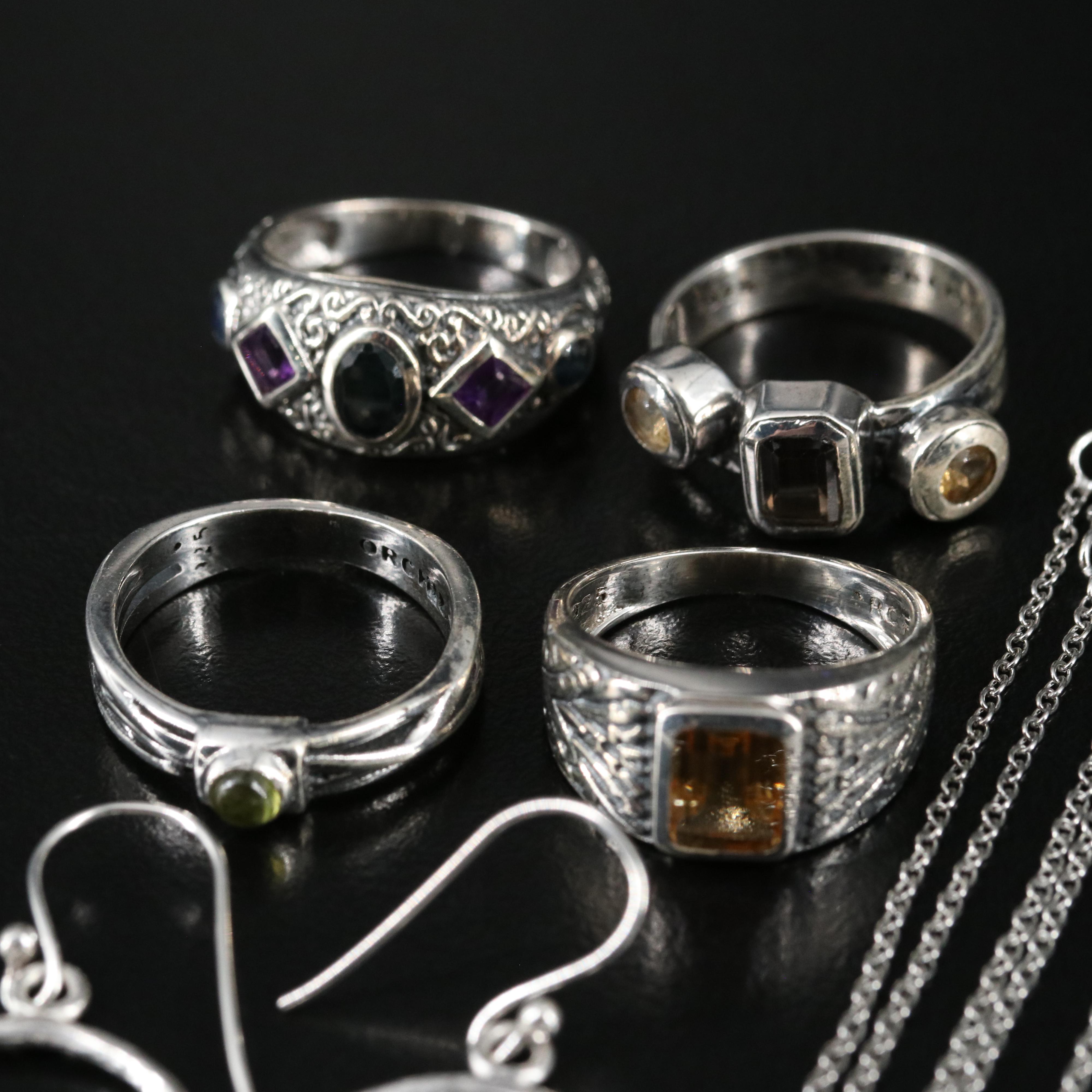 14 Assorted Sterling Silver Rings, Necklaces, and Earrings