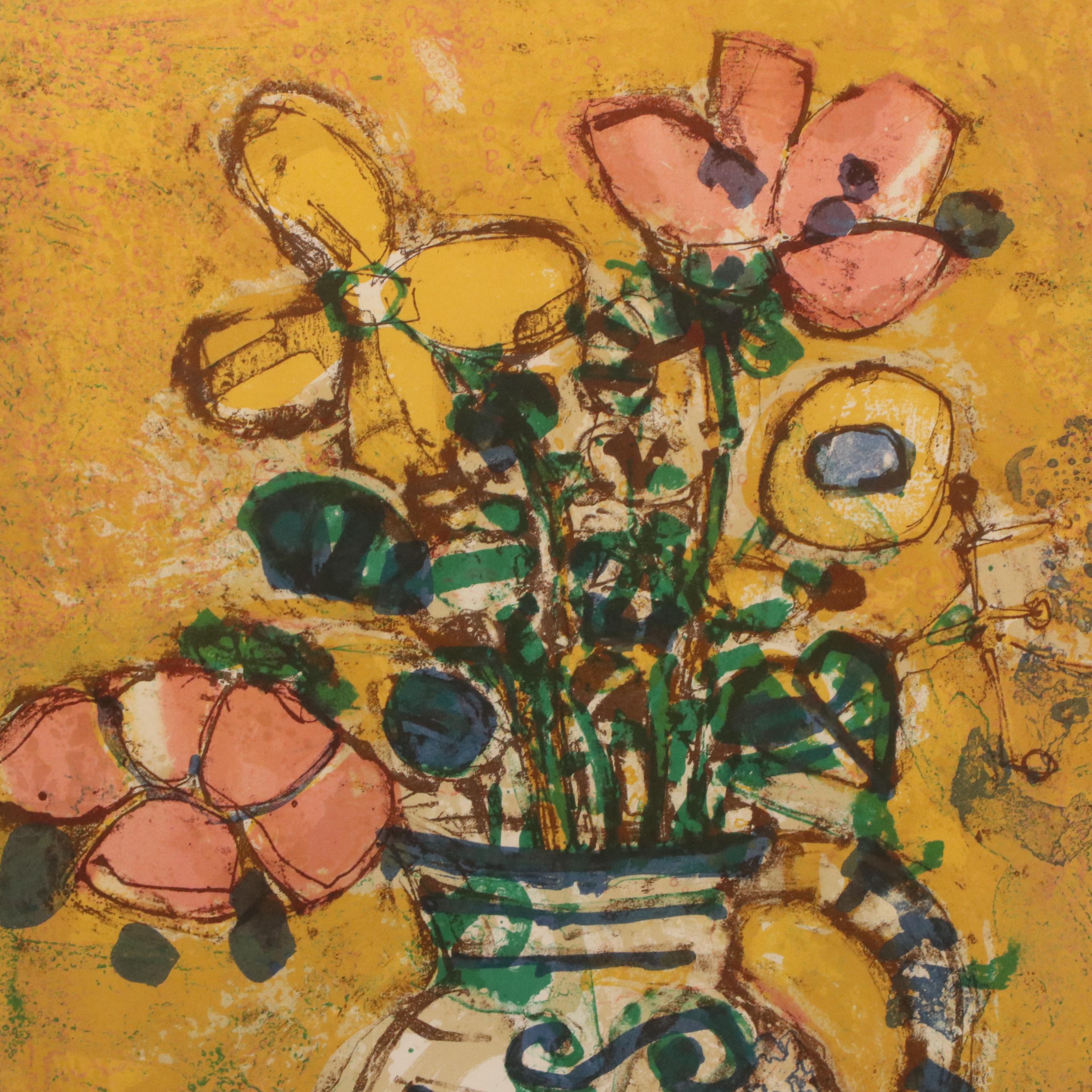 Paul Aizpiri Lithograph with Floral Still Life, Late 20th Century