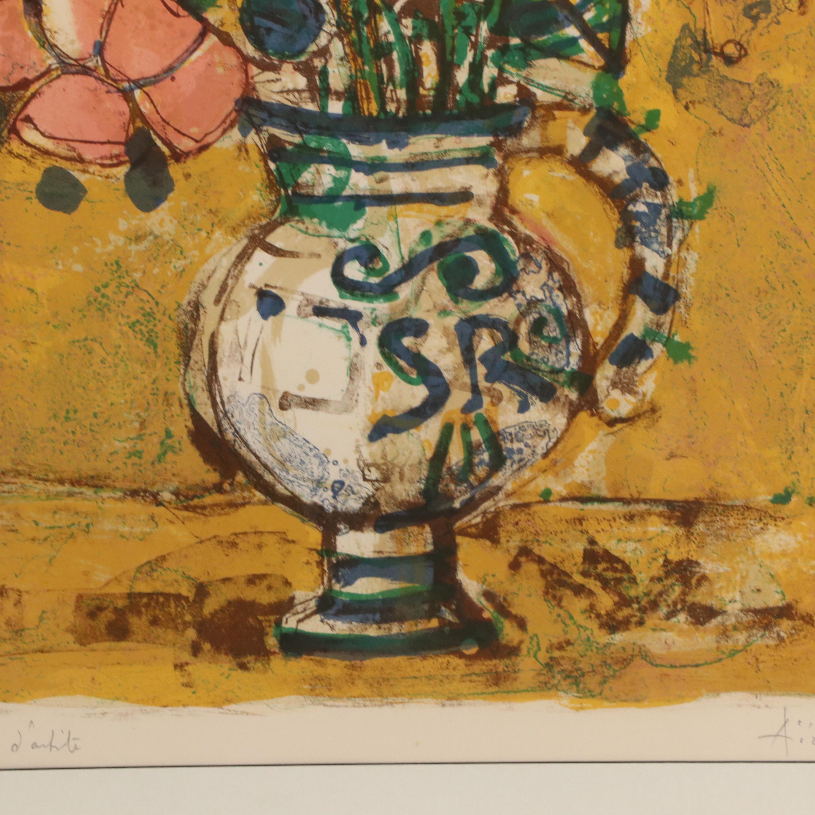 Paul Aizpiri Lithograph with Floral Still Life, Late 20th Century