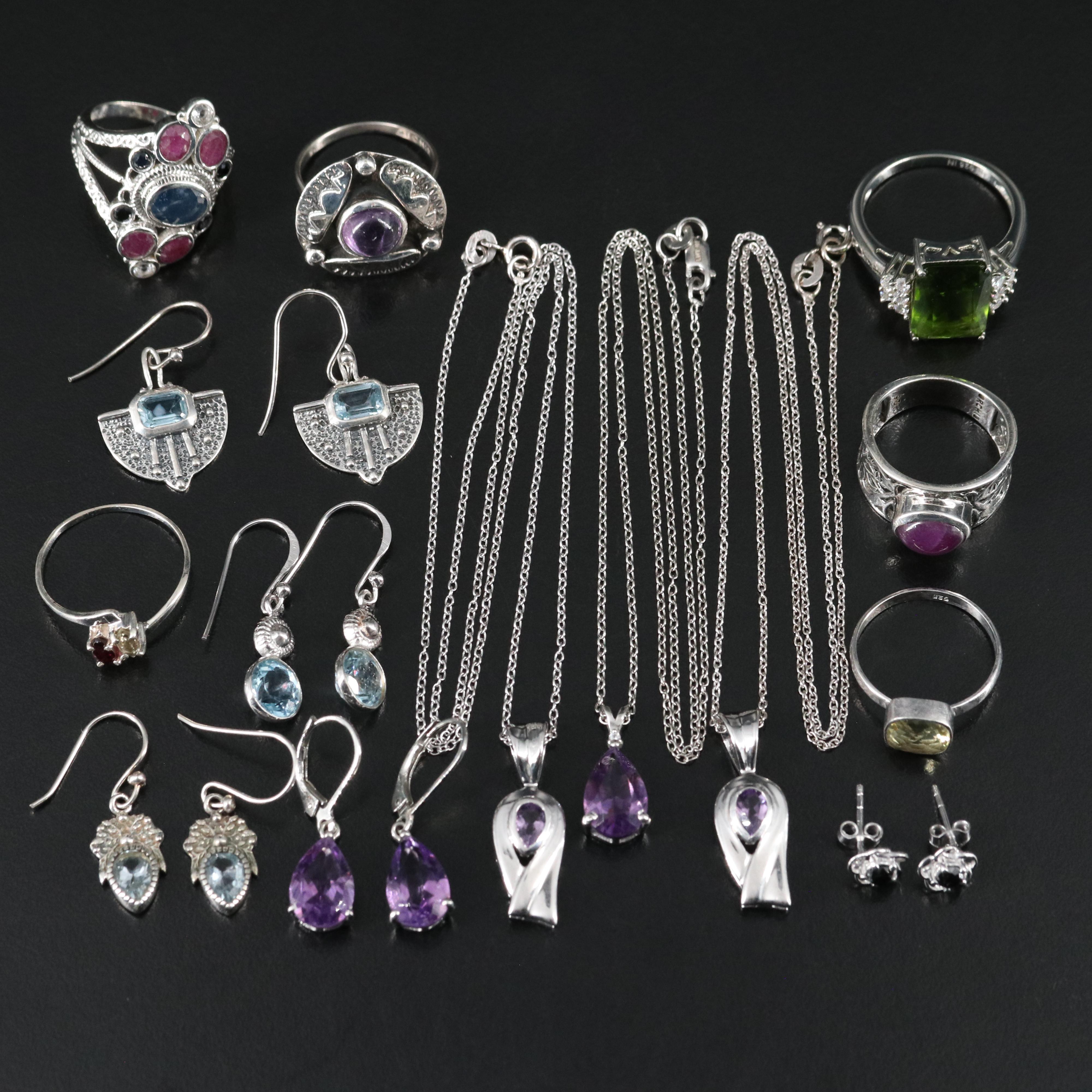 14 Assorted Sterling Silver Rings, Necklaces, and Earrings