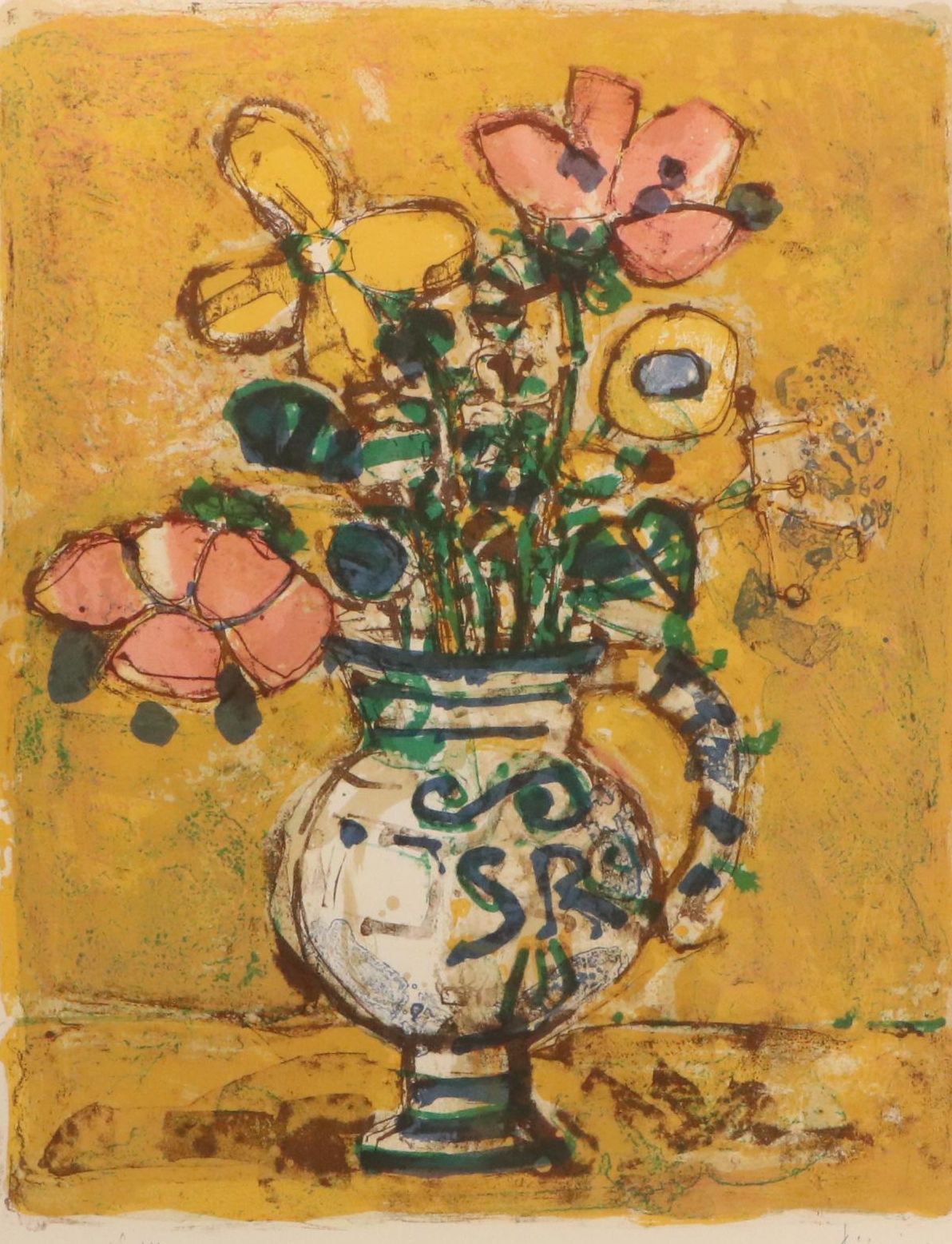 Paul Aizpiri Lithograph with Floral Still Life, Late 20th Century