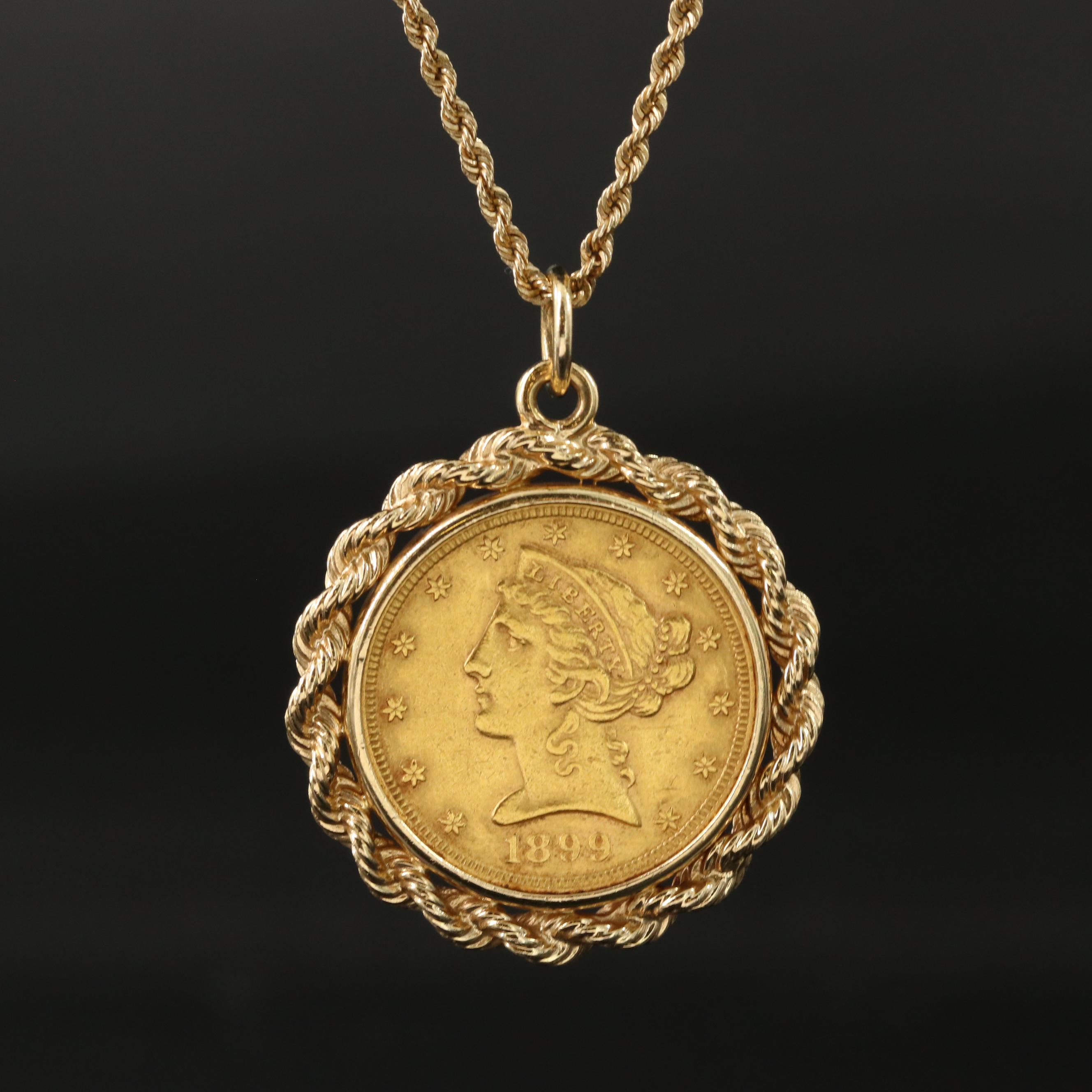 1899 Liberty Head $5 Gold Half Eagle Coin Pendant on 14K Rope Chain