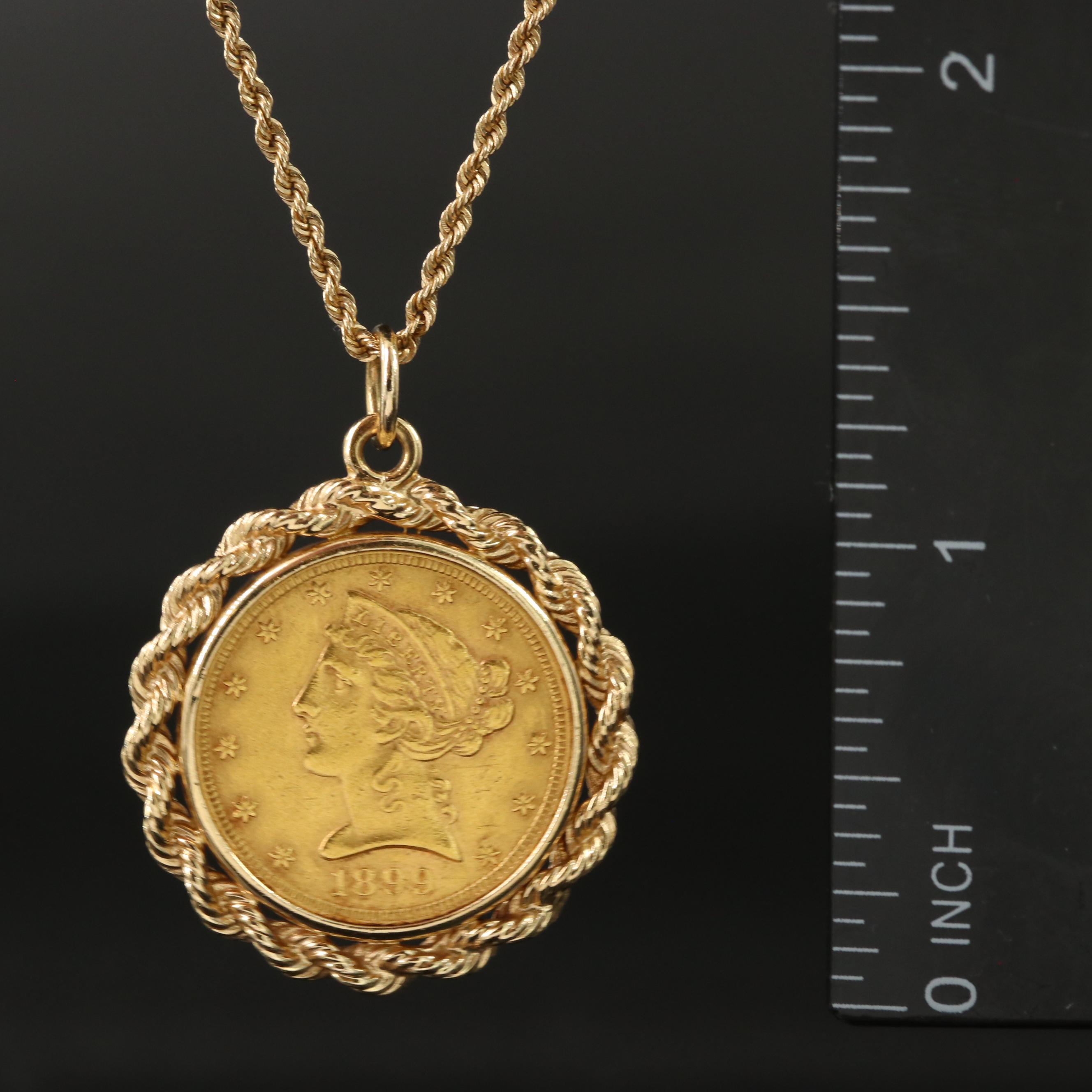 1899 Liberty Head $5 Gold Half Eagle Coin Pendant on 14K Rope Chain