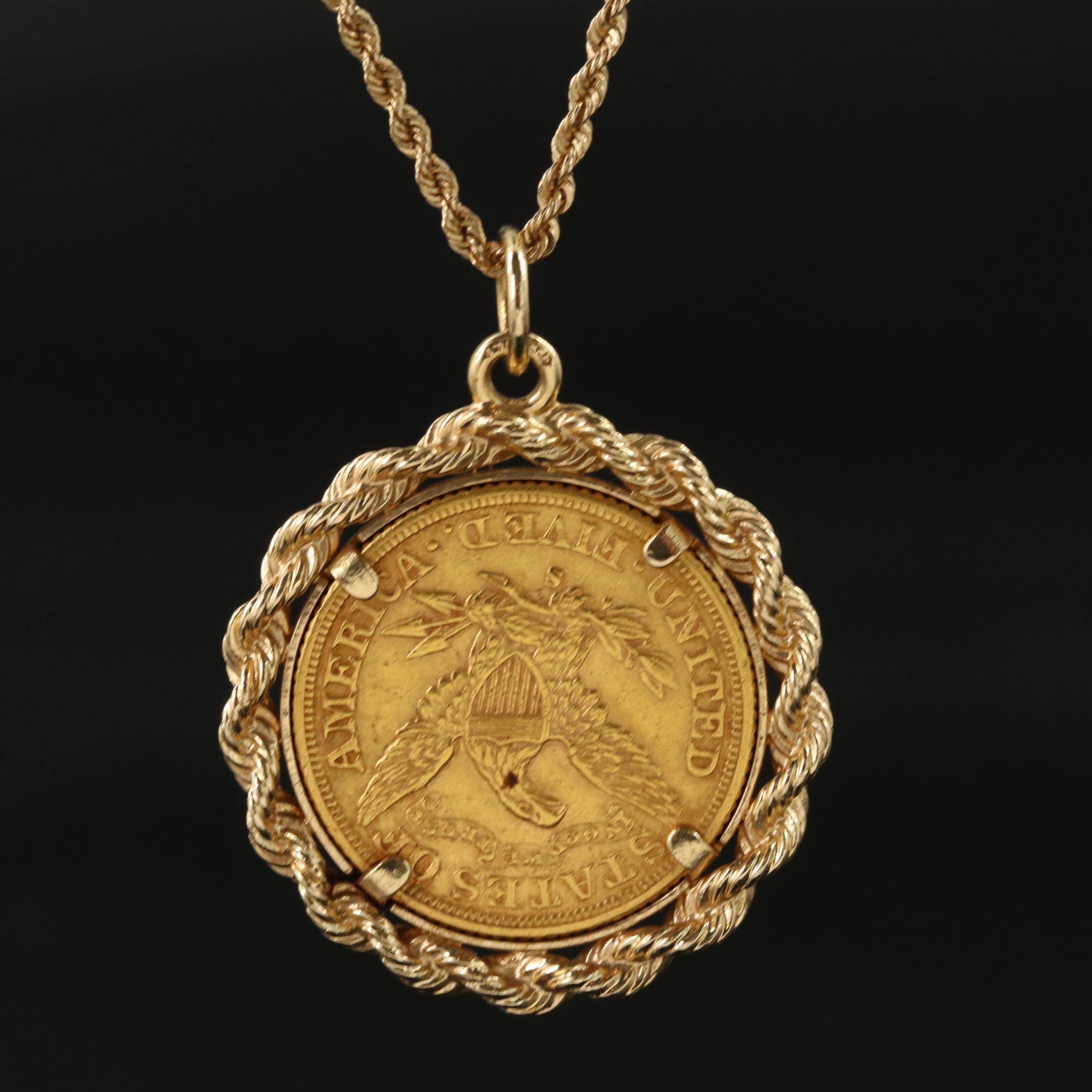 1899 Liberty Head $5 Gold Half Eagle Coin Pendant on 14K Rope Chain