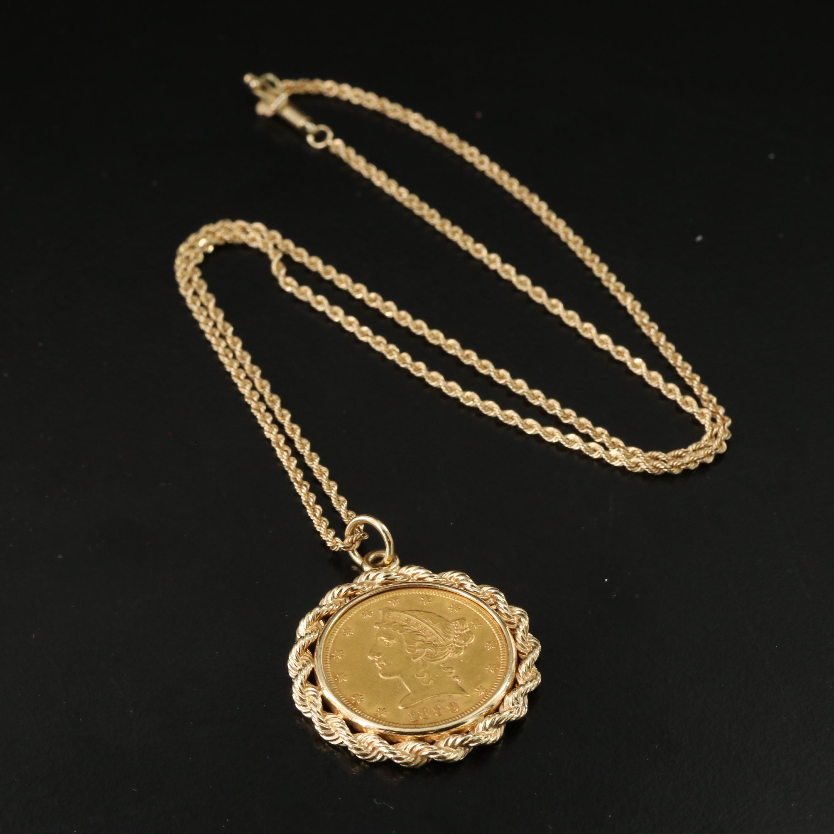 1899 Liberty Head $5 Gold Half Eagle Coin Pendant on 14K Rope Chain