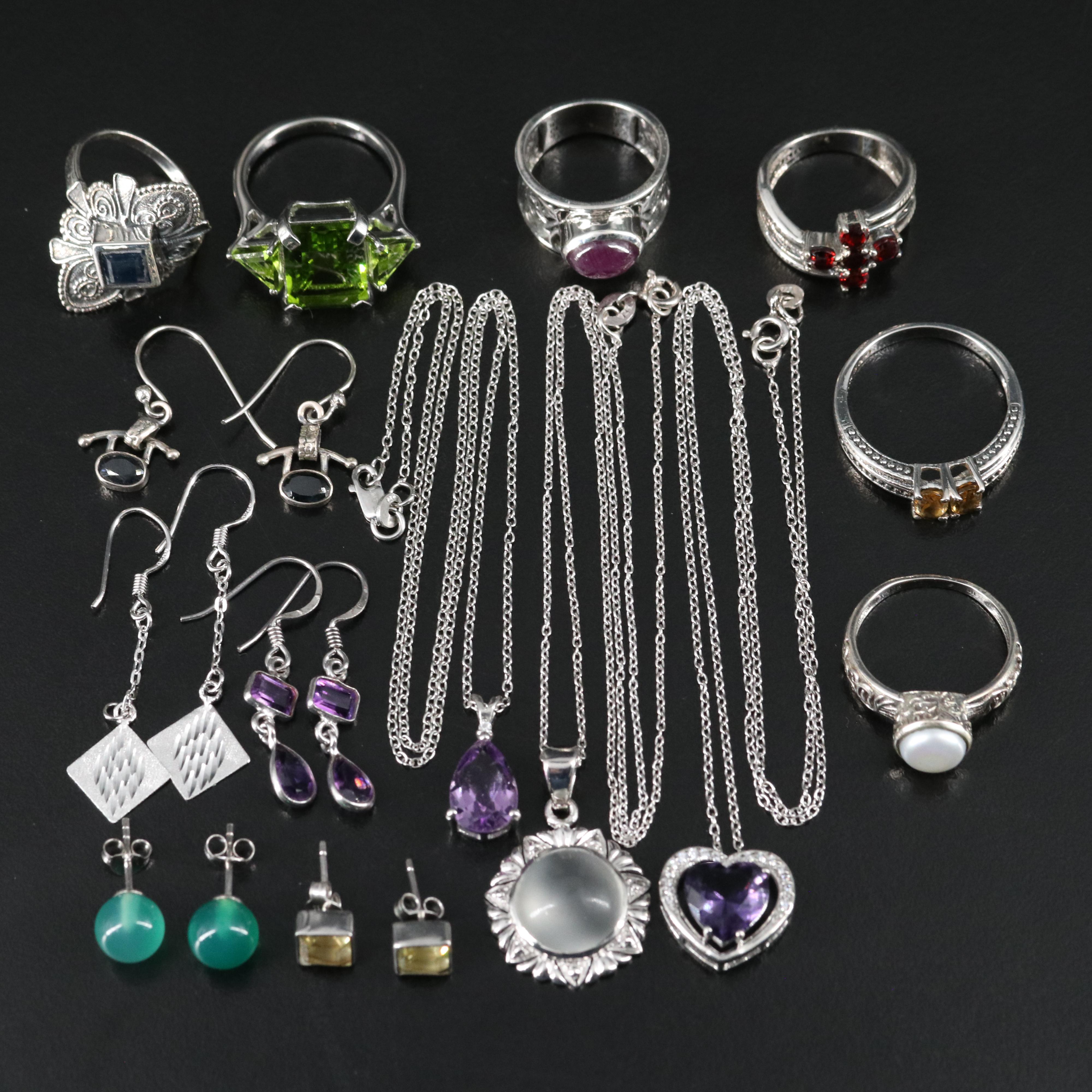 14 Assorted Sterling Silver Rings, Necklaces, and Earrings