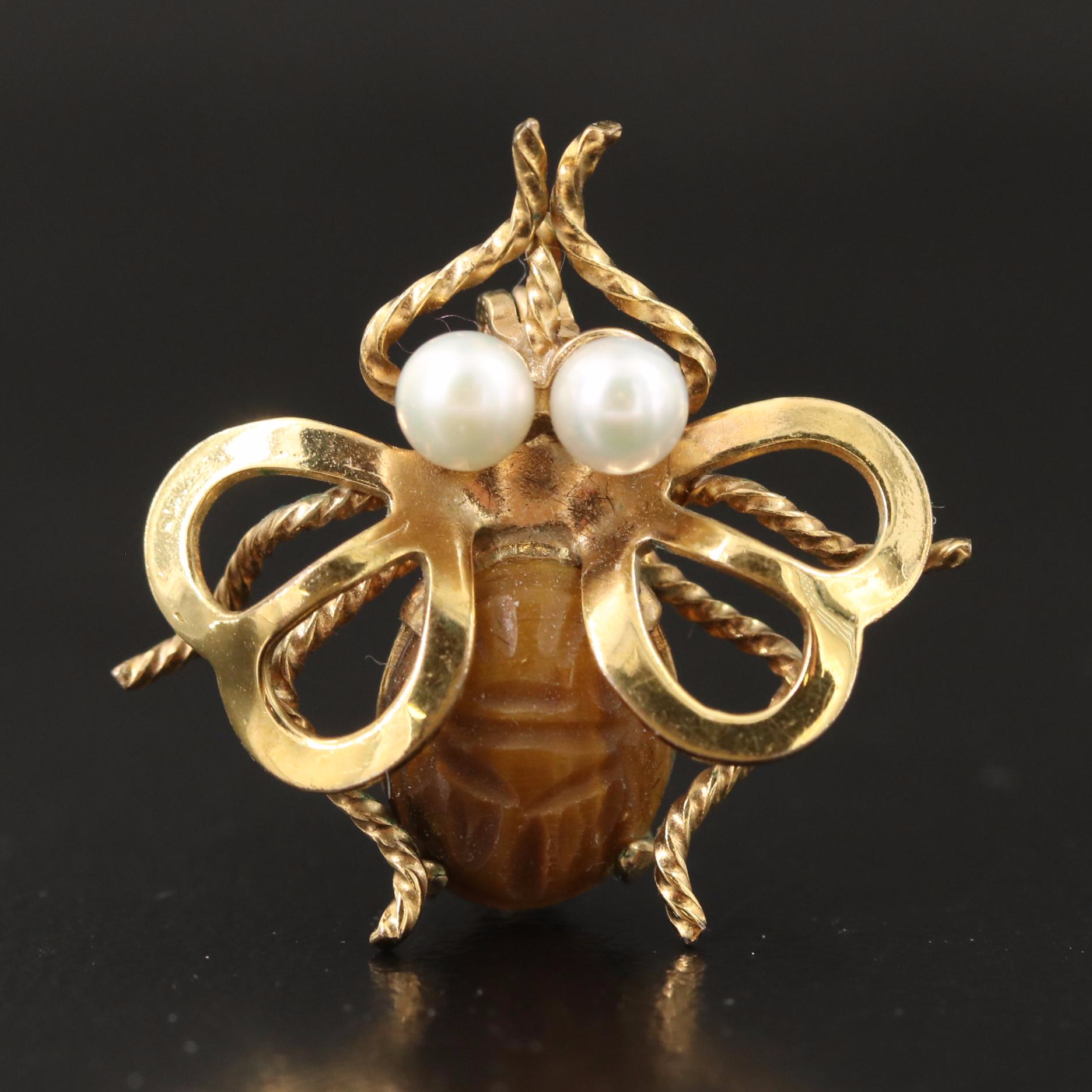 Gold-Filled Tiger's Eye and Pearl Honeybee Pin