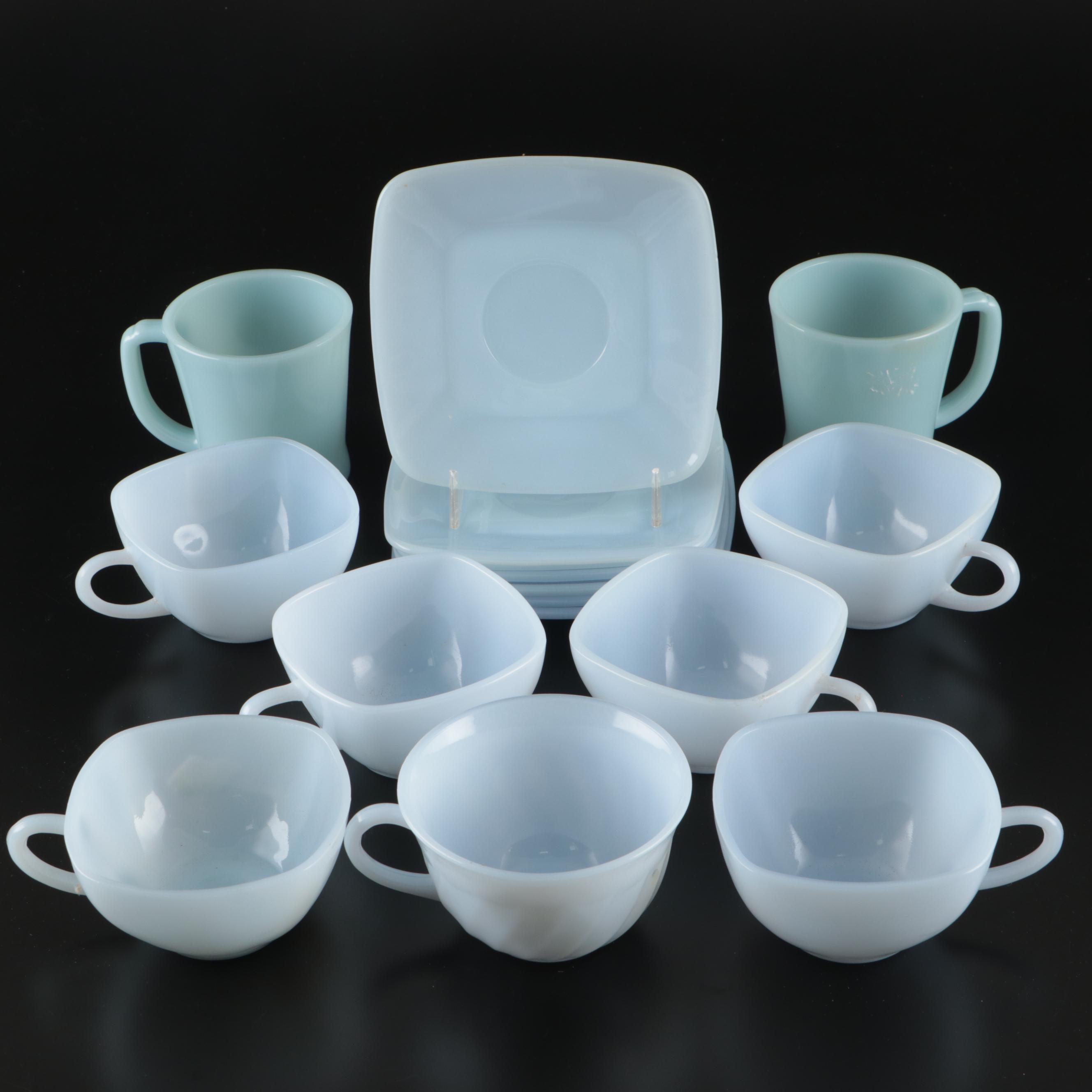 Anchor Hocking Fire-King "Charm" Azurite Glass Cups and Saucers with Mugs