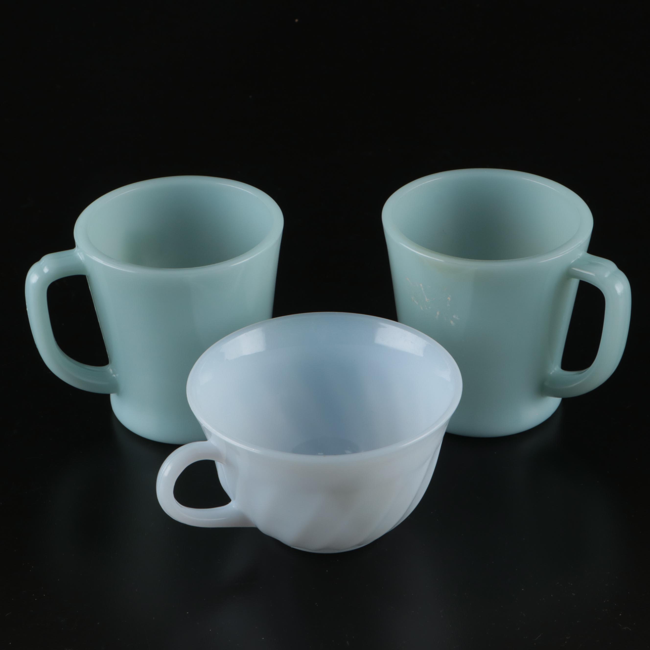 Anchor Hocking Fire-King "Charm" Azurite Glass Cups and Saucers with Mugs