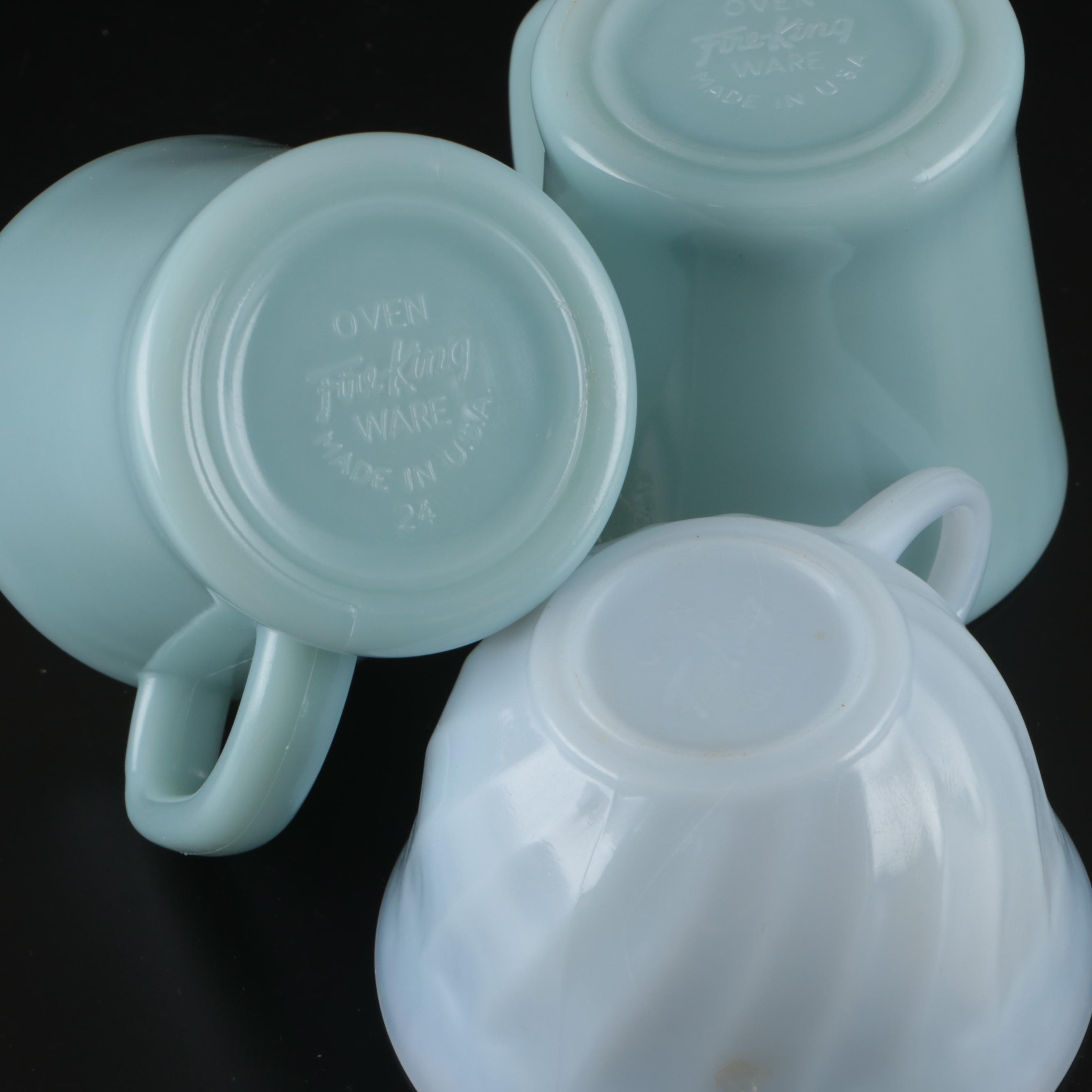 Anchor Hocking Fire-King "Charm" Azurite Glass Cups and Saucers with Mugs