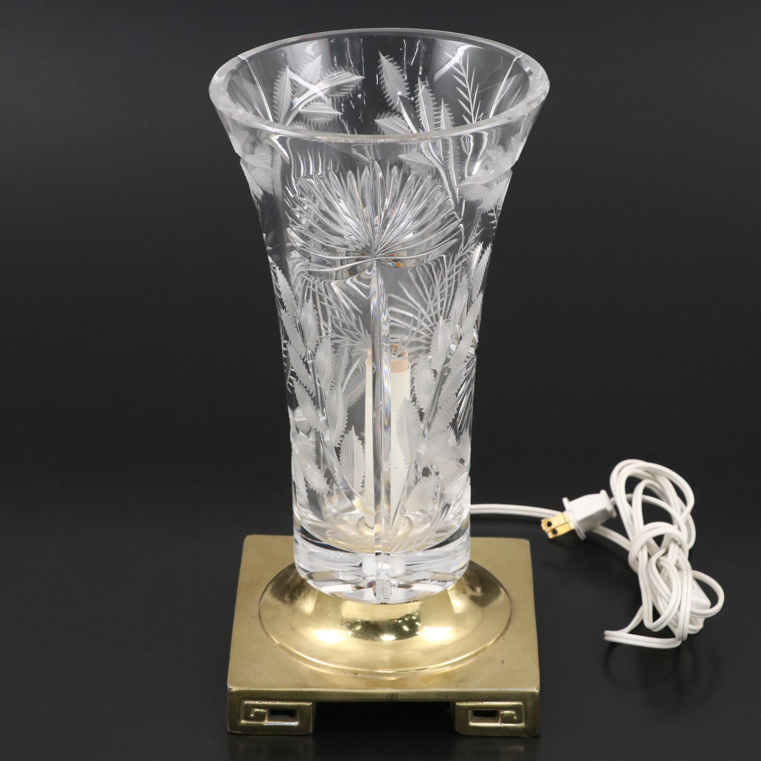 Dresden Cut Crystal Torchère Table Lamp on Polished Brass Base