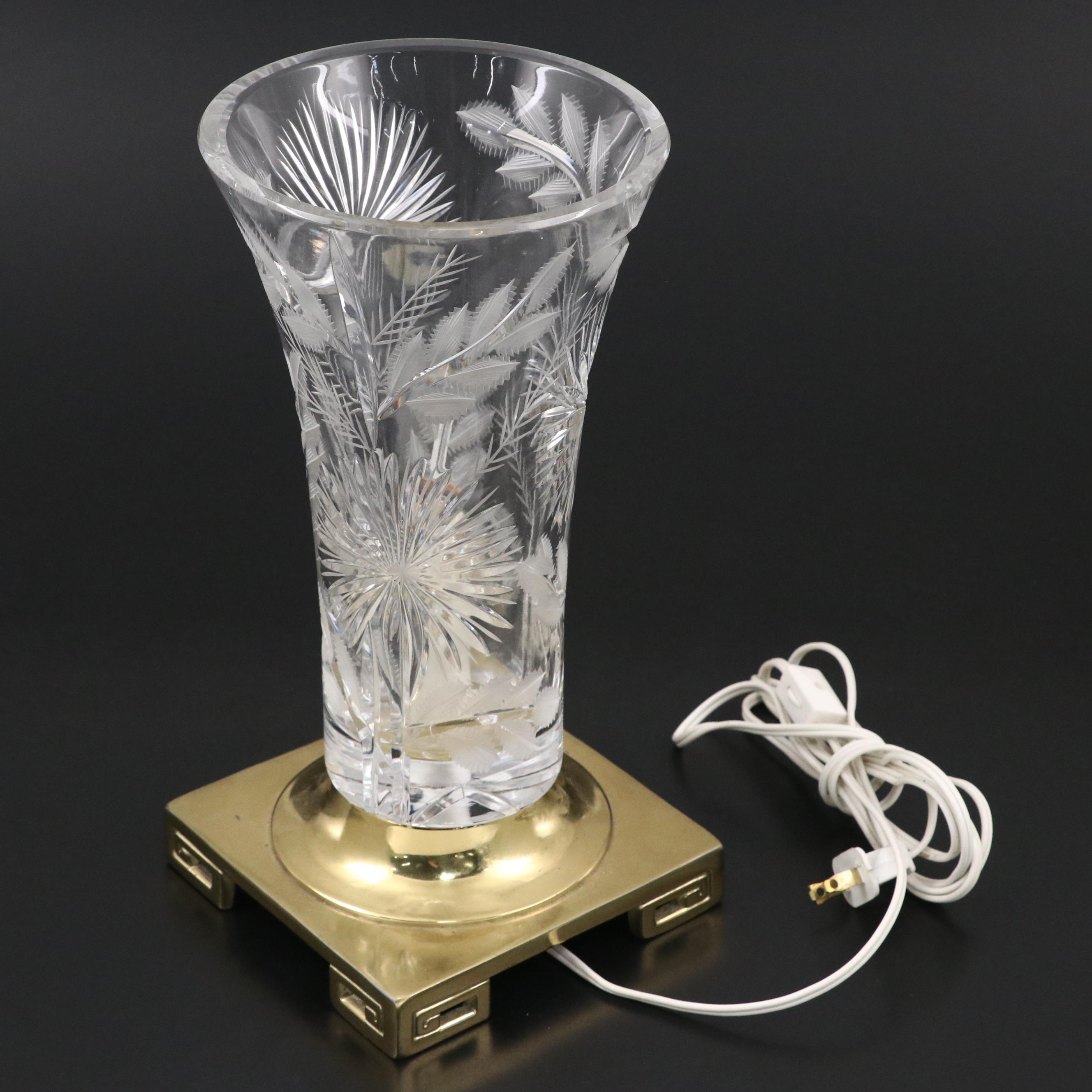 Dresden Cut Crystal Torchère Table Lamp on Polished Brass Base
