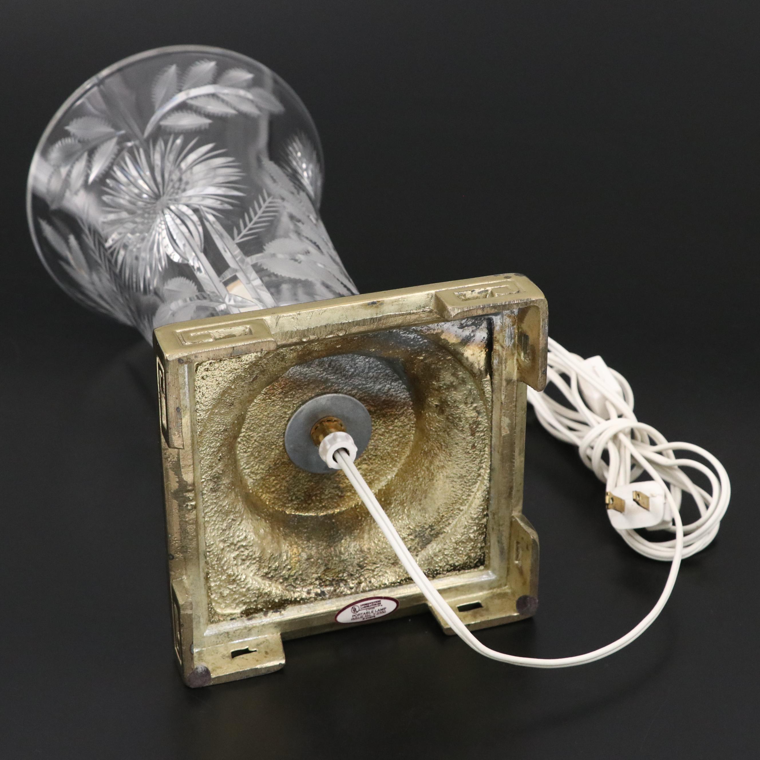 Dresden Cut Crystal Torchère Table Lamp on Polished Brass Base