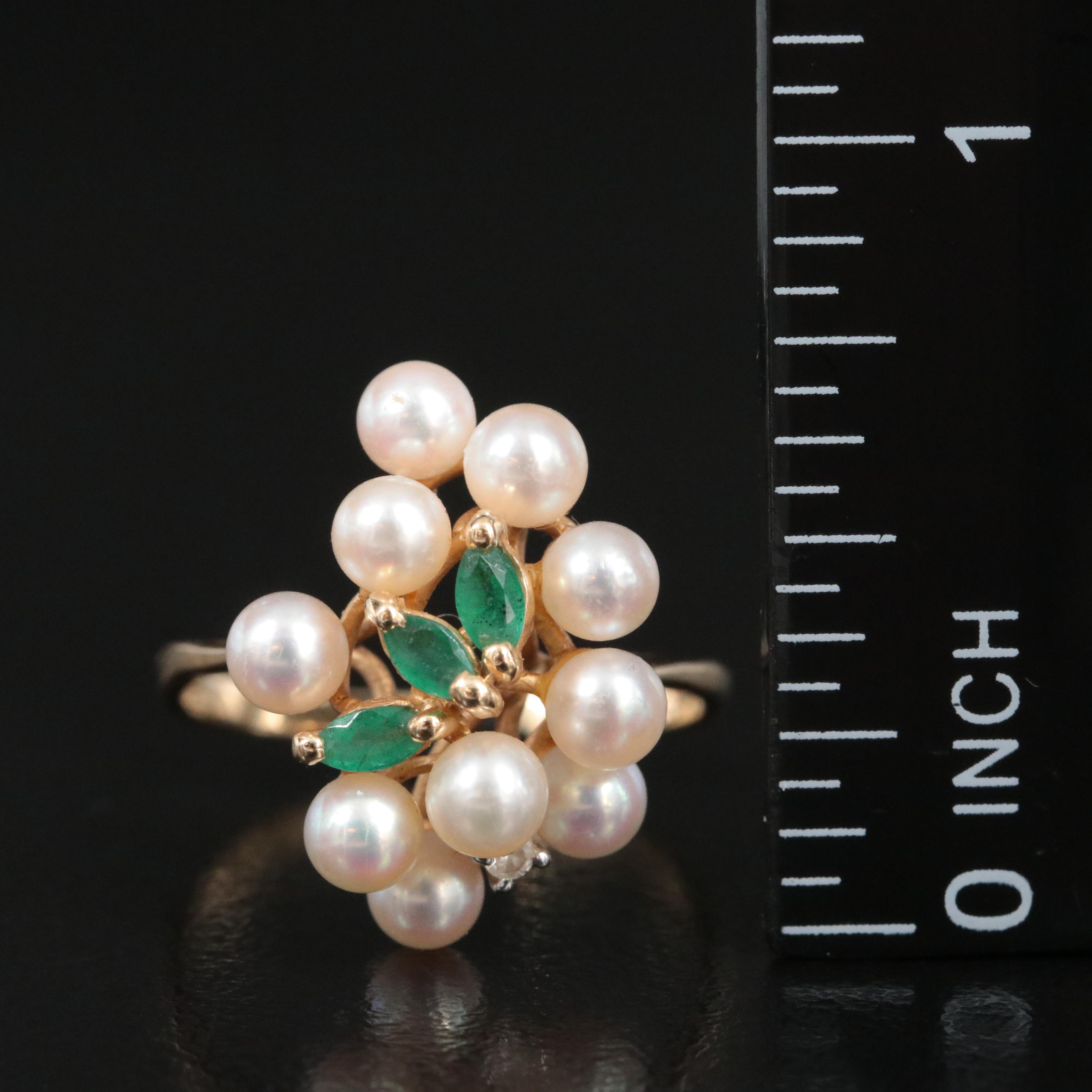14K Pearl, Emerald and Diamond Ring