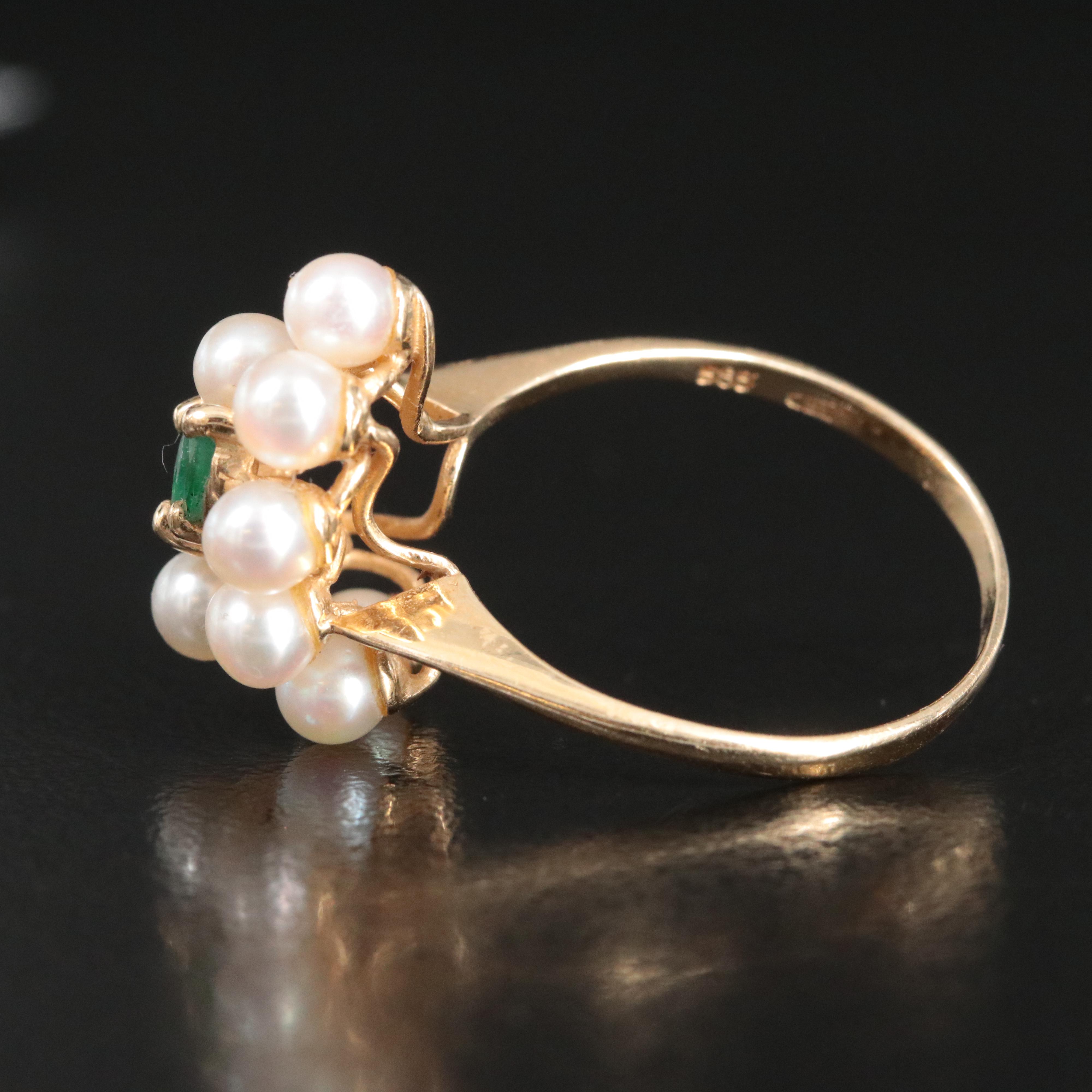 14K Pearl, Emerald and Diamond Ring