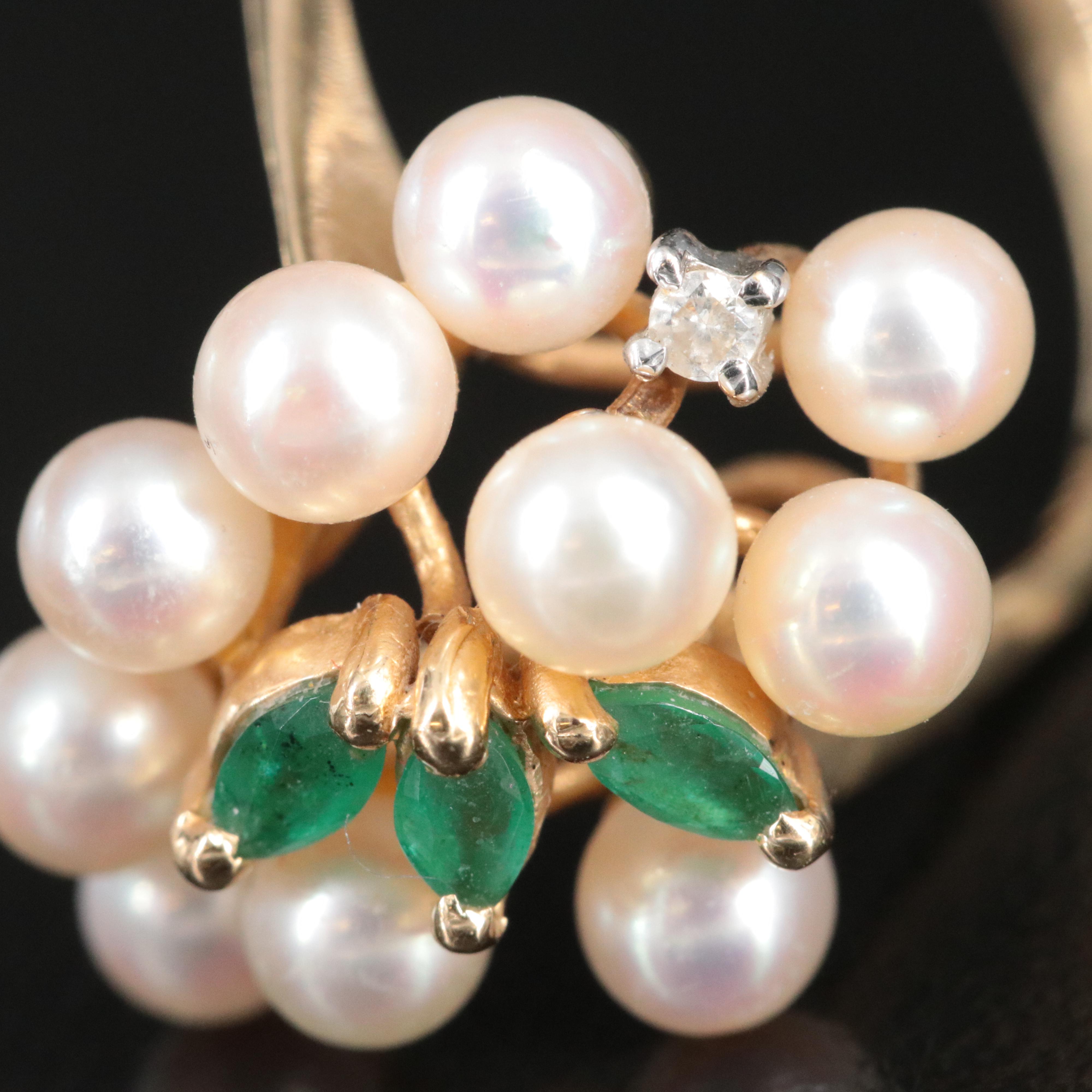 14K Pearl, Emerald and Diamond Ring
