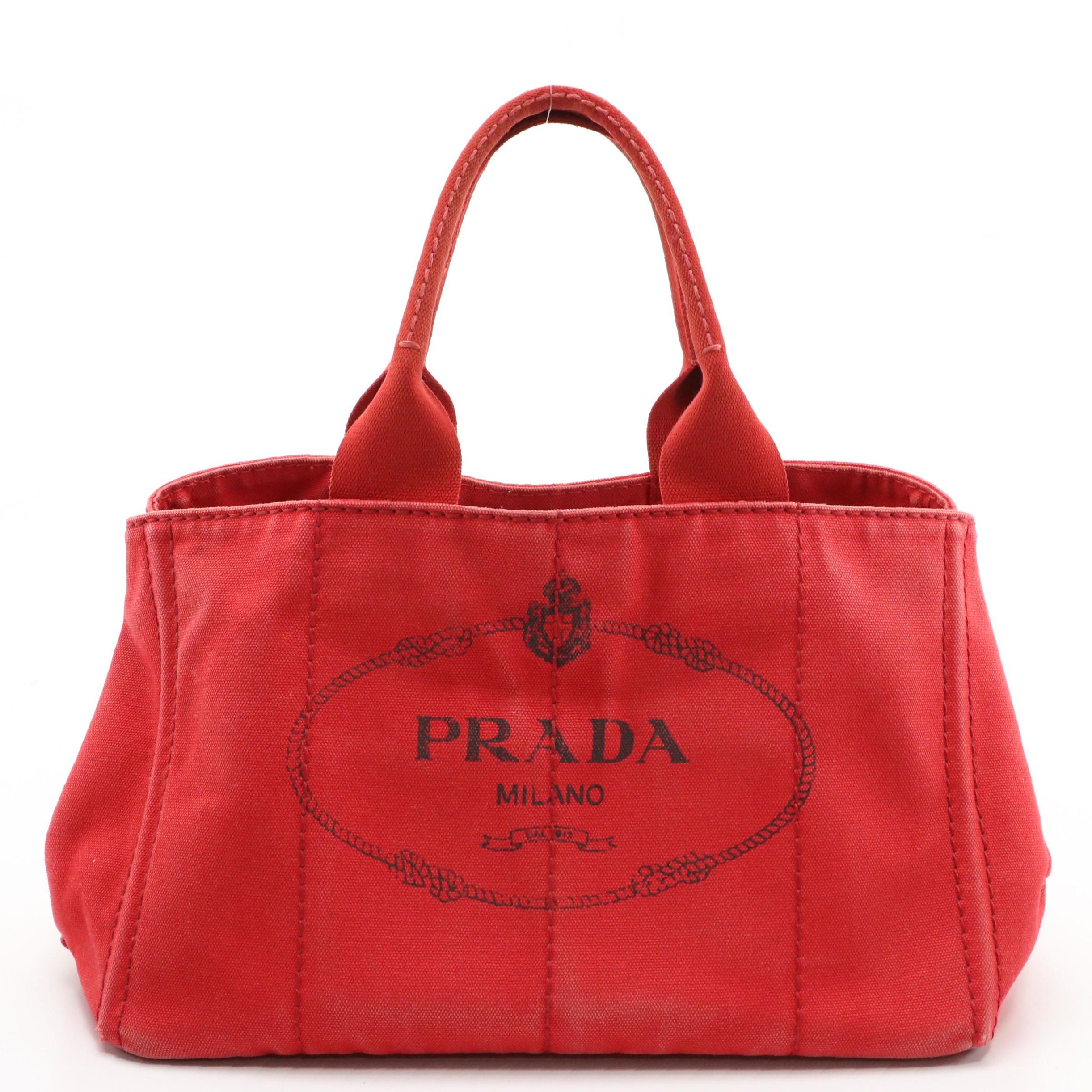 Prada Medium Logo Print Tote BN1877 in Rosso Canapa Canvas