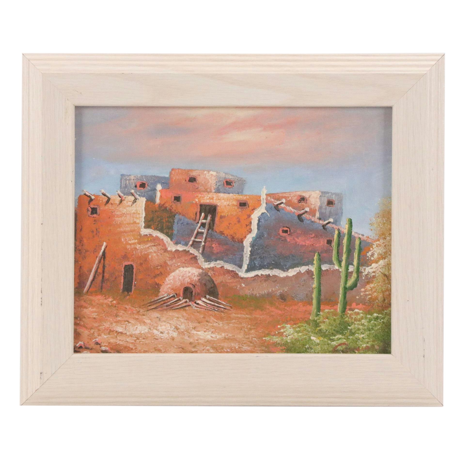 Pueblo Landscape Oil Painting, Late 20th Century