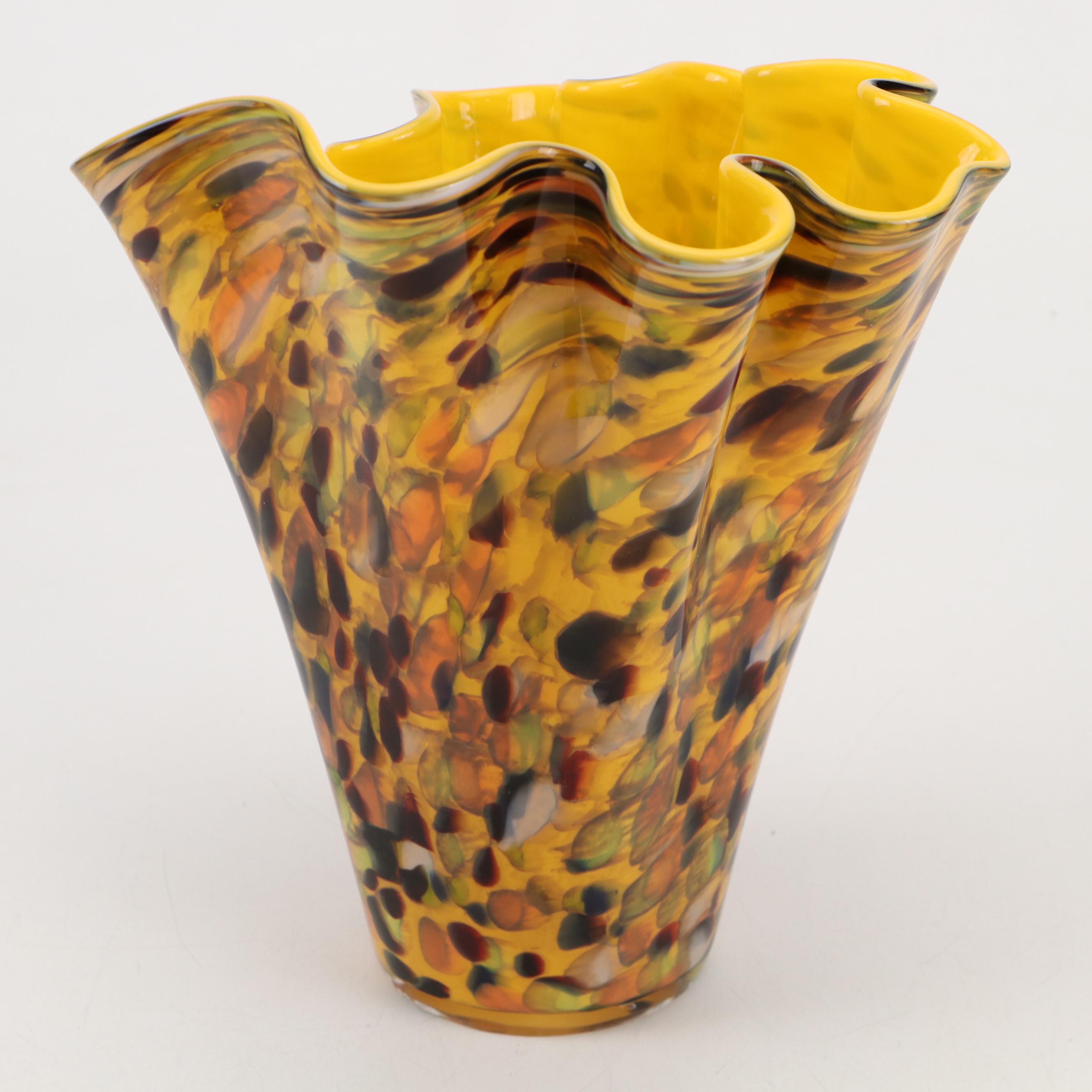 Murano Style Art Mottled Glass Ruffle Vase