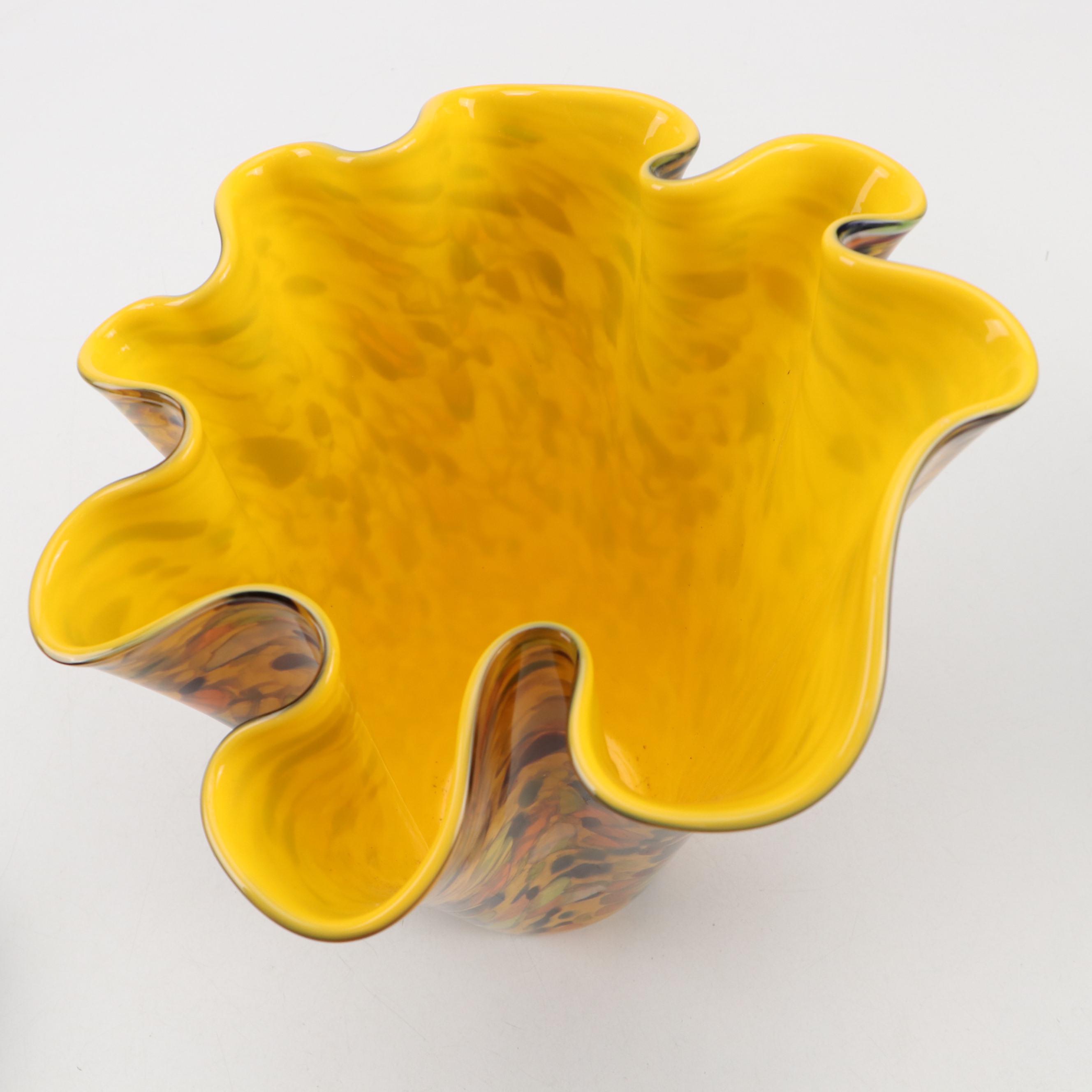 Murano Style Art Mottled Glass Ruffle Vase