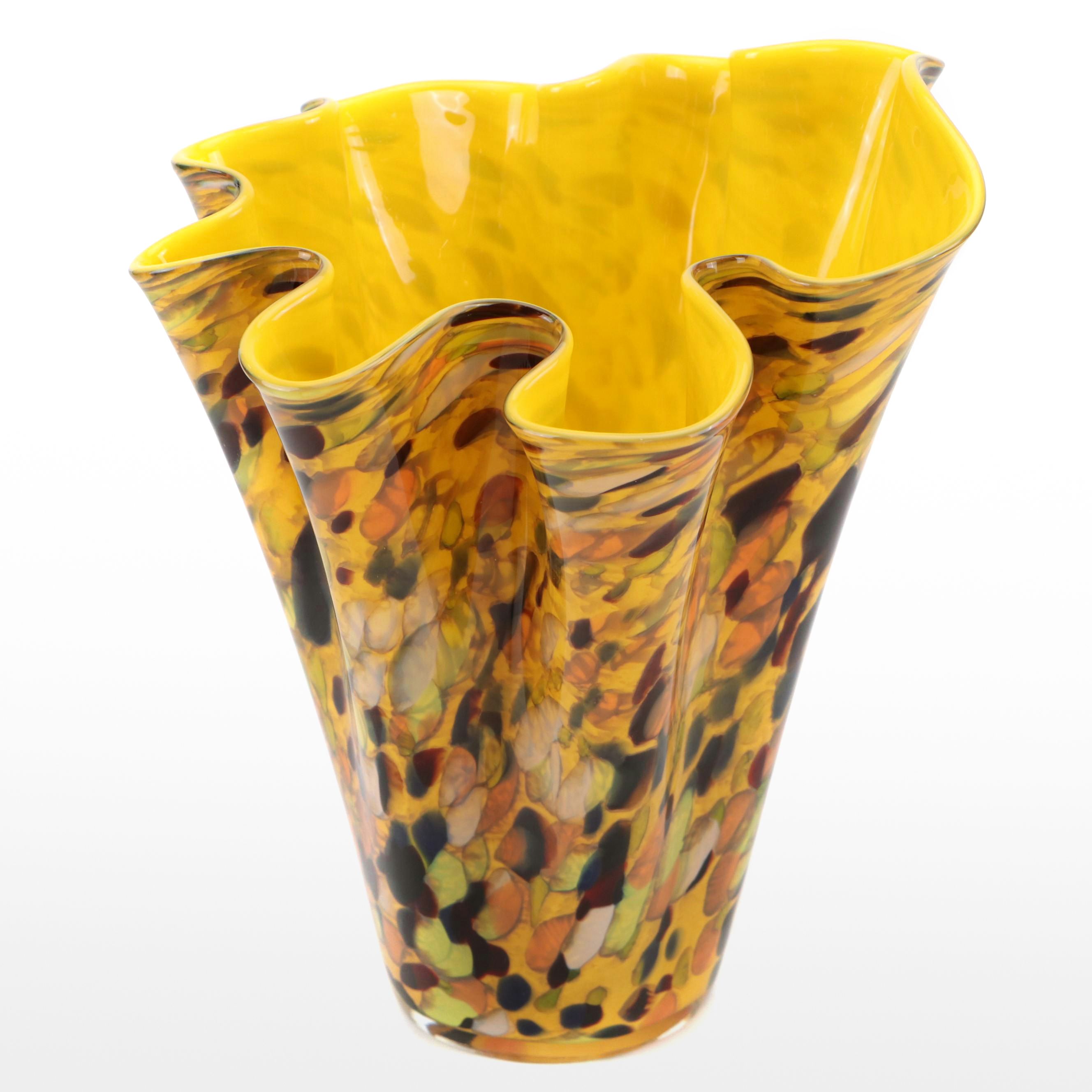 Murano Style Art Mottled Glass Ruffle Vase