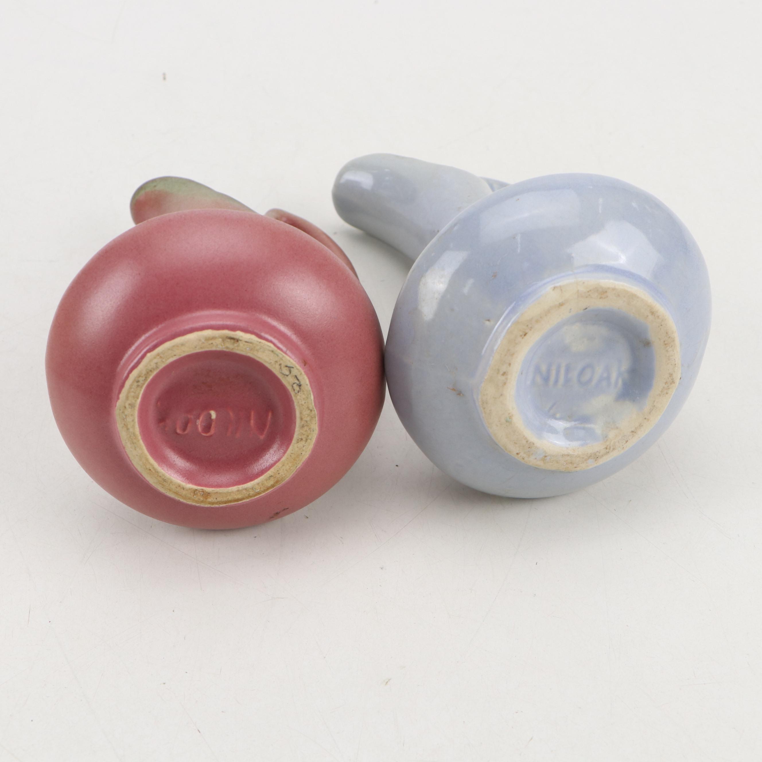 Niloak Pottery Bud Vases with Hull Pottery Magnolia Fan Vase and Duck Planter