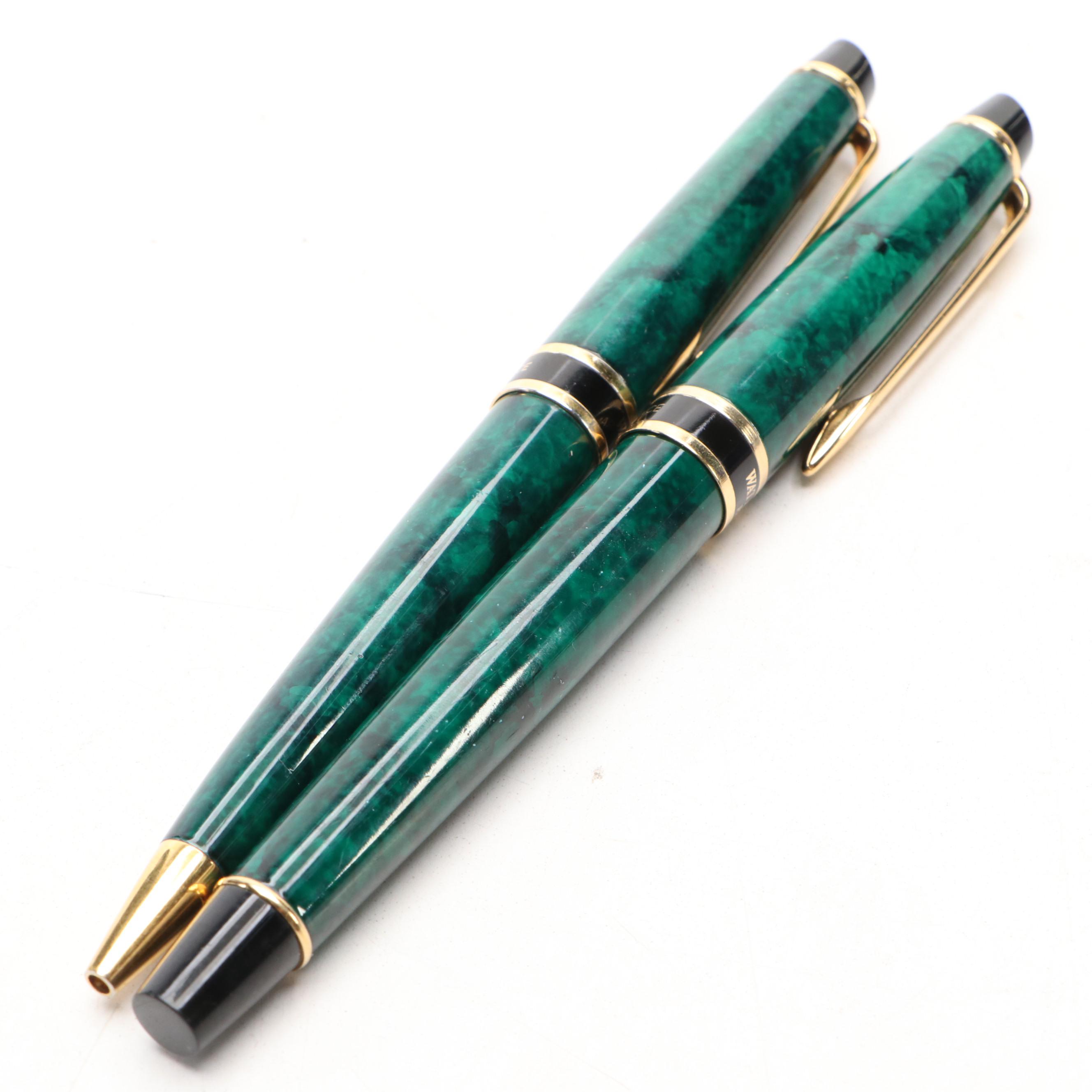 Waterman Green Faux Marble and Gilt Metal Ballpoint Pens with Case