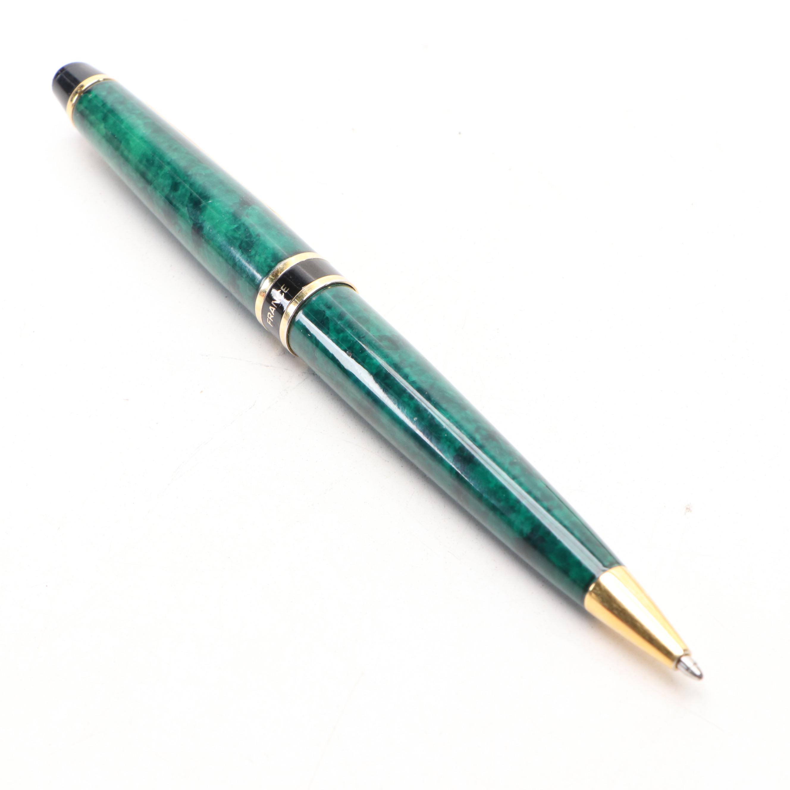 Waterman Green Faux Marble and Gilt Metal Ballpoint Pens with Case