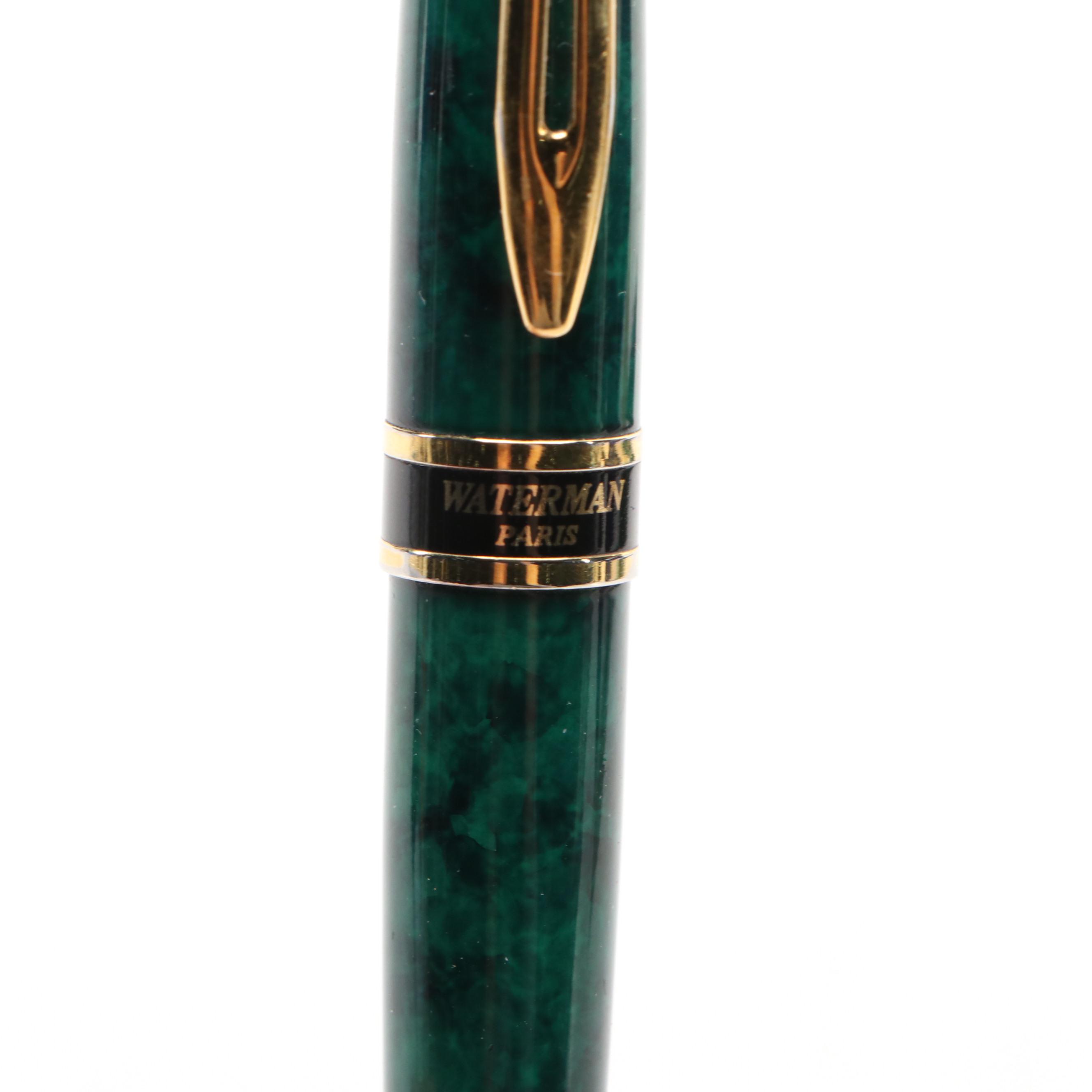 Waterman Green Faux Marble and Gilt Metal Ballpoint Pens with Case