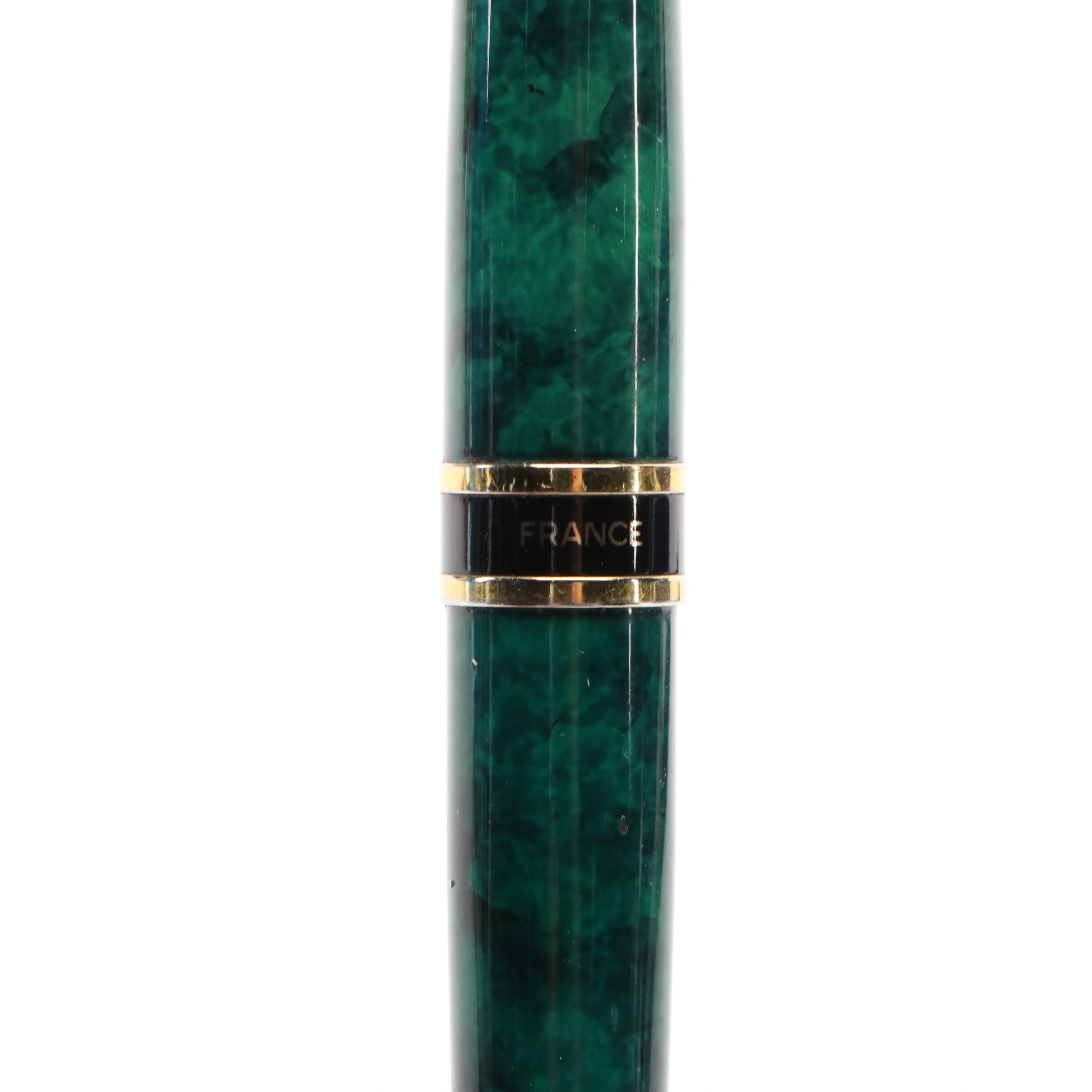 Waterman Green Faux Marble and Gilt Metal Ballpoint Pens with Case