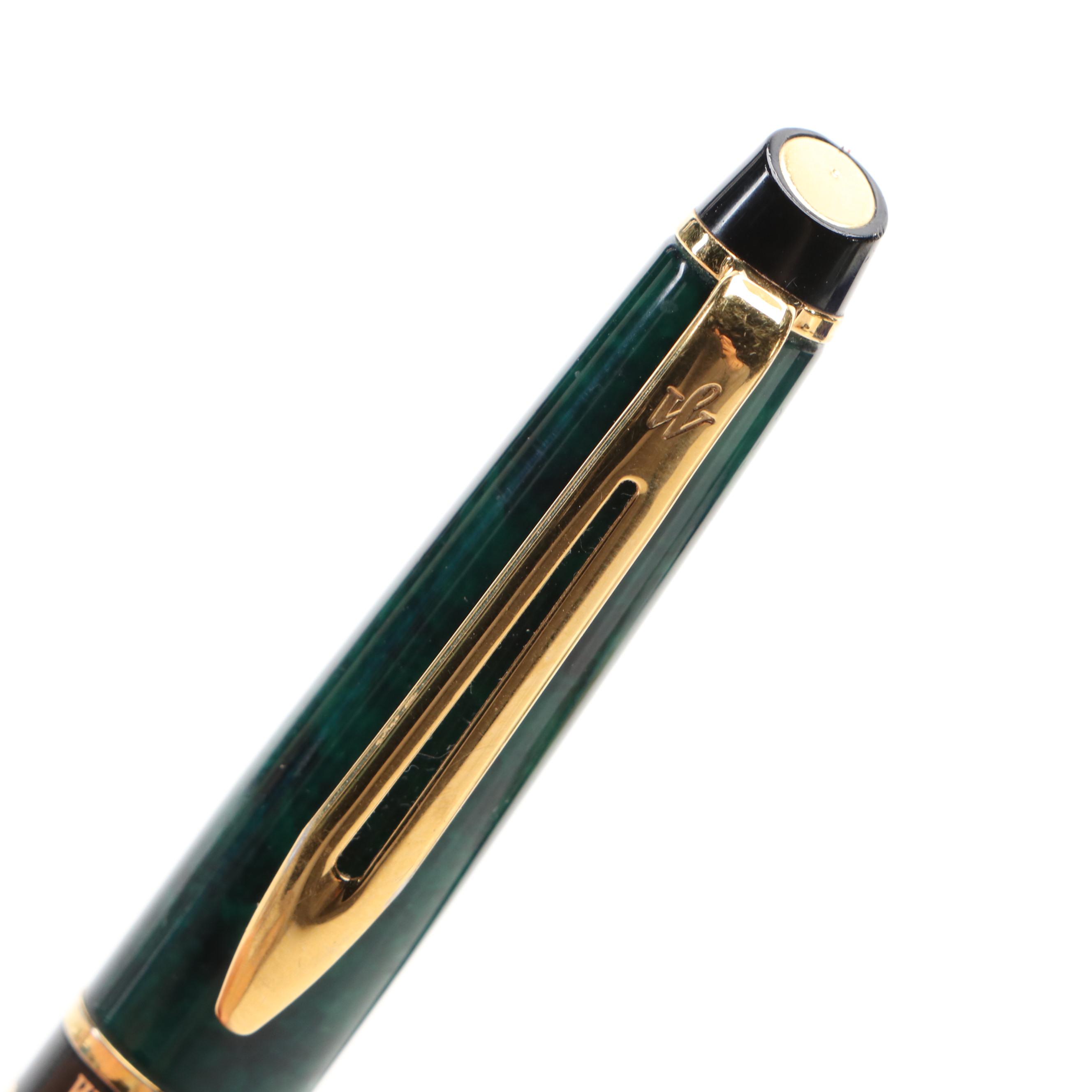 Waterman Green Faux Marble and Gilt Metal Ballpoint Pens with Case