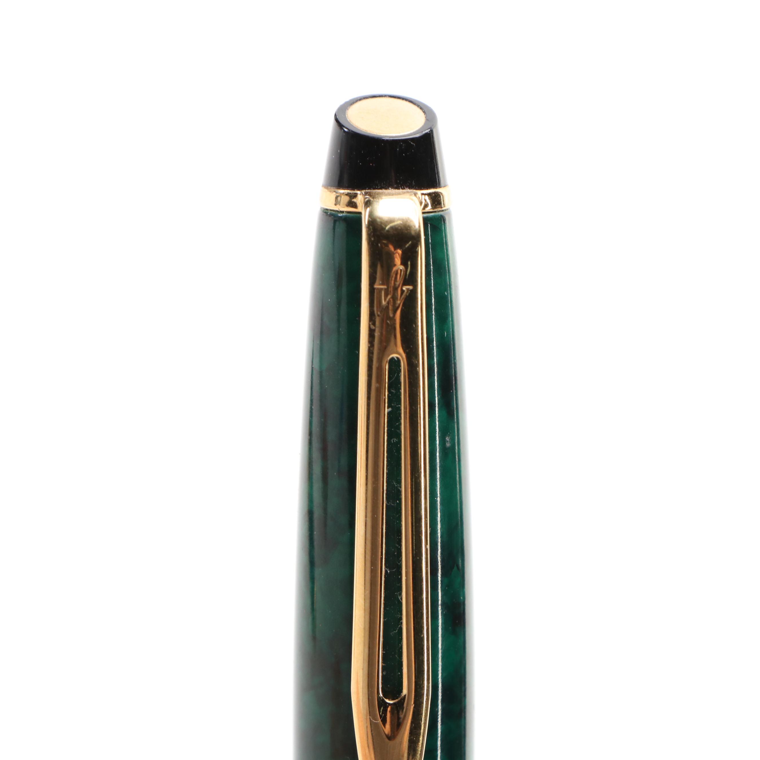 Waterman Green Faux Marble and Gilt Metal Ballpoint Pens with Case