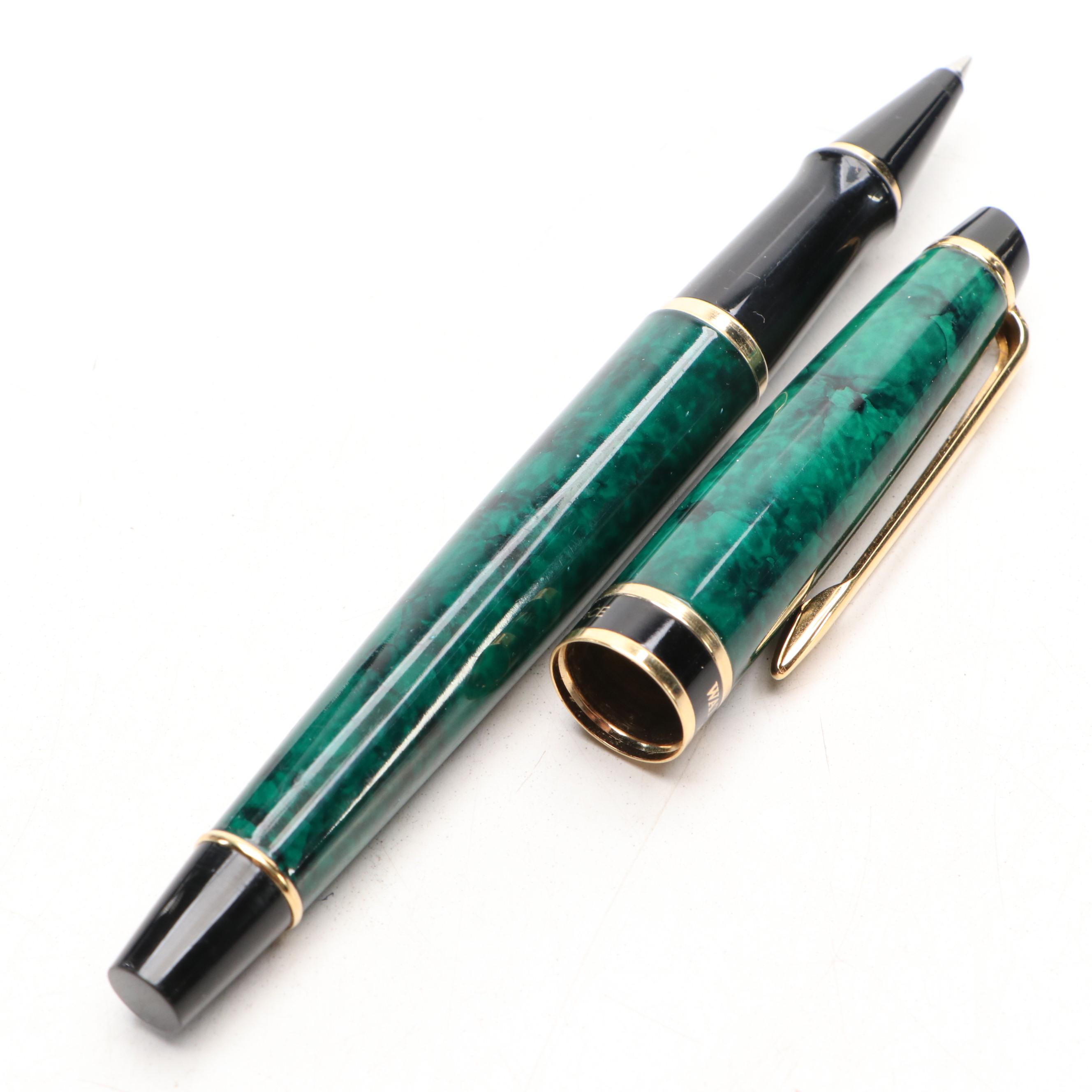 Waterman Green Faux Marble and Gilt Metal Ballpoint Pens with Case