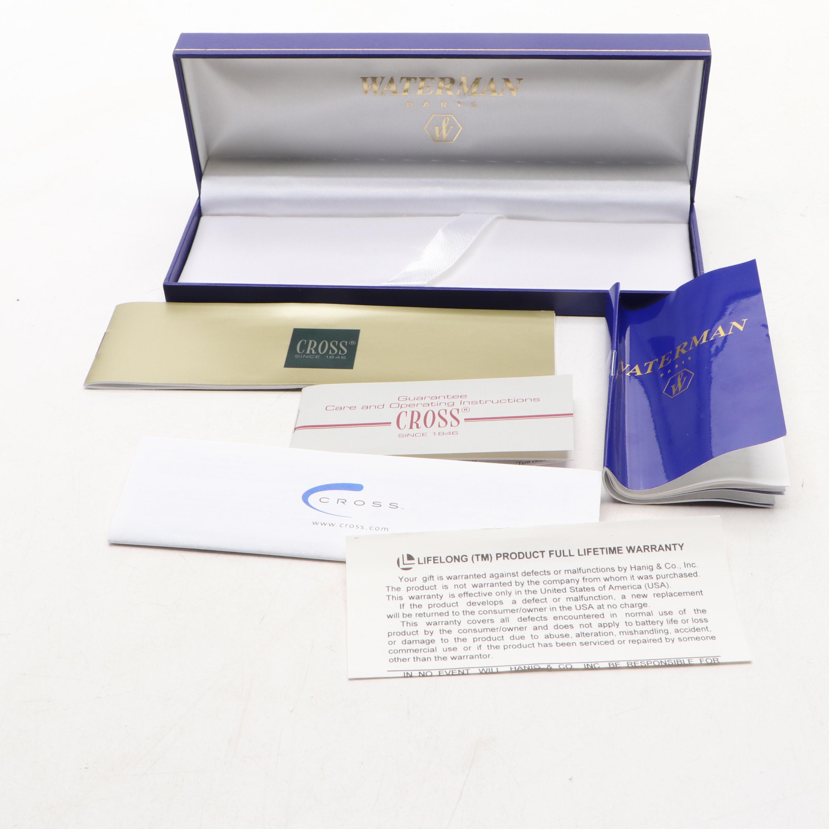 Waterman Green Faux Marble and Gilt Metal Ballpoint Pens with Case