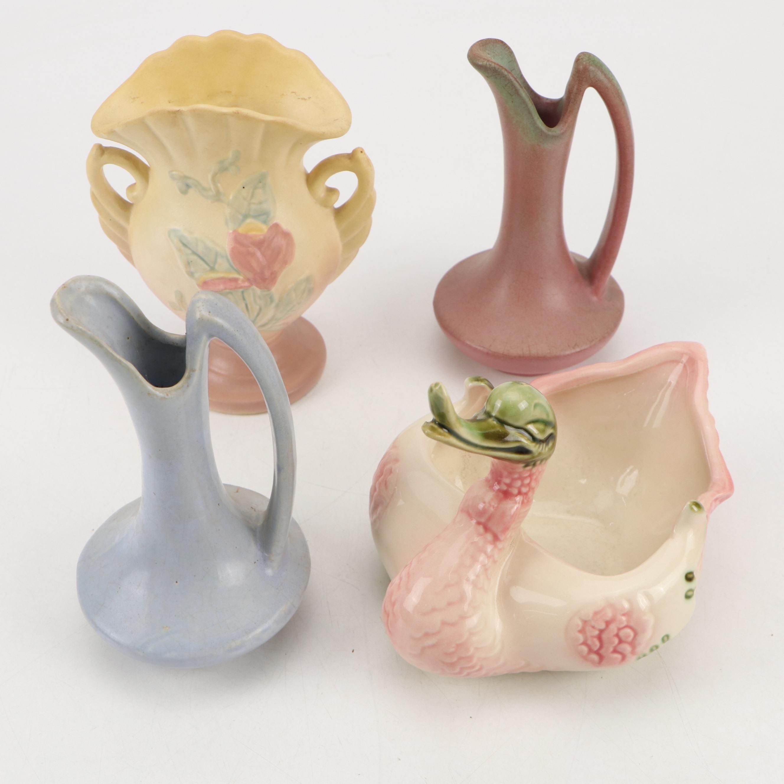 Niloak Pottery Bud Vases with Hull Pottery Magnolia Fan Vase and Duck Planter