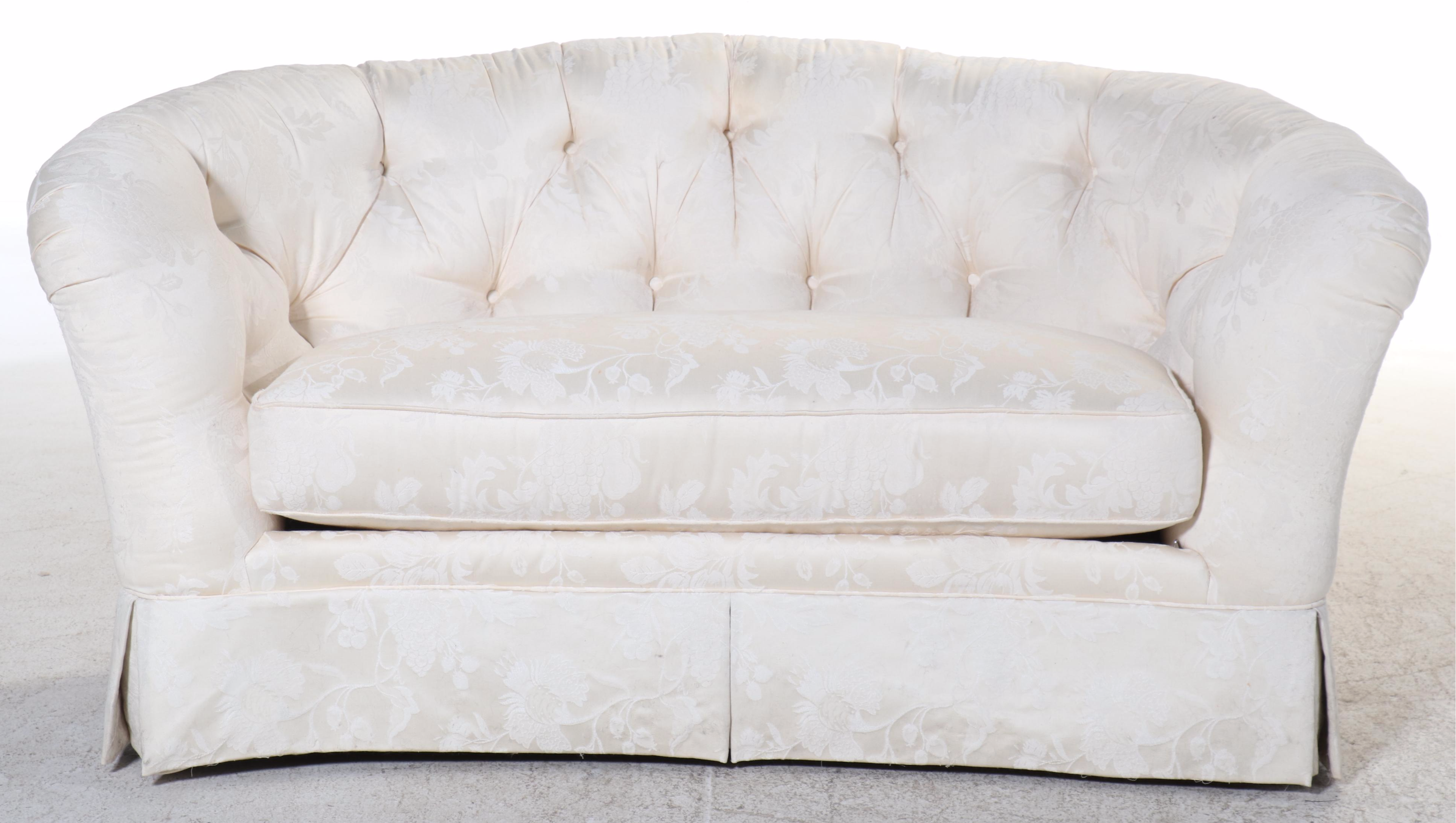 Ethan Allen Ivory Damask Upholstered Loveseat